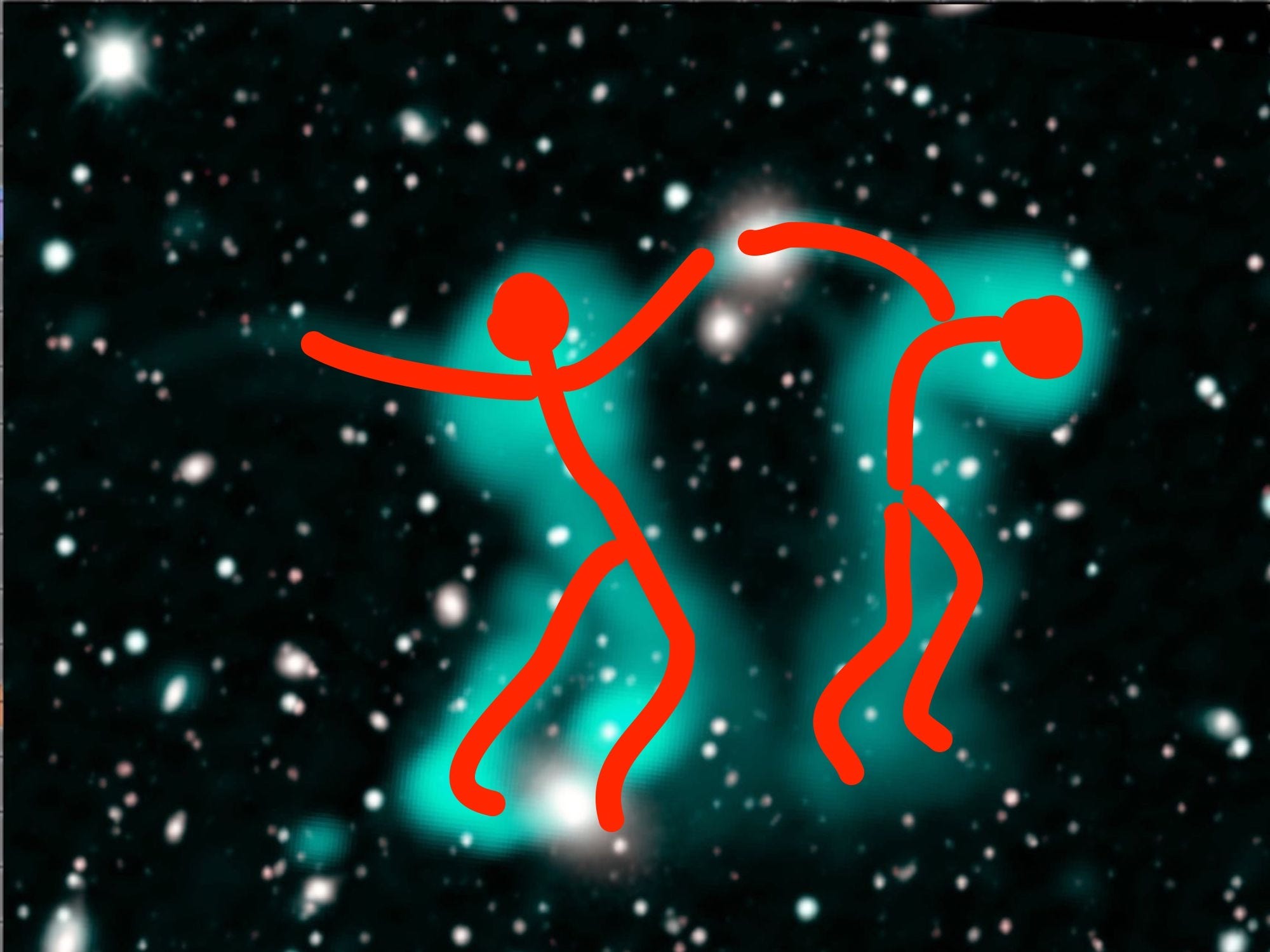 Annotated picture of the 'dancing ghosts' green clouds of electrons shaped like people dancing