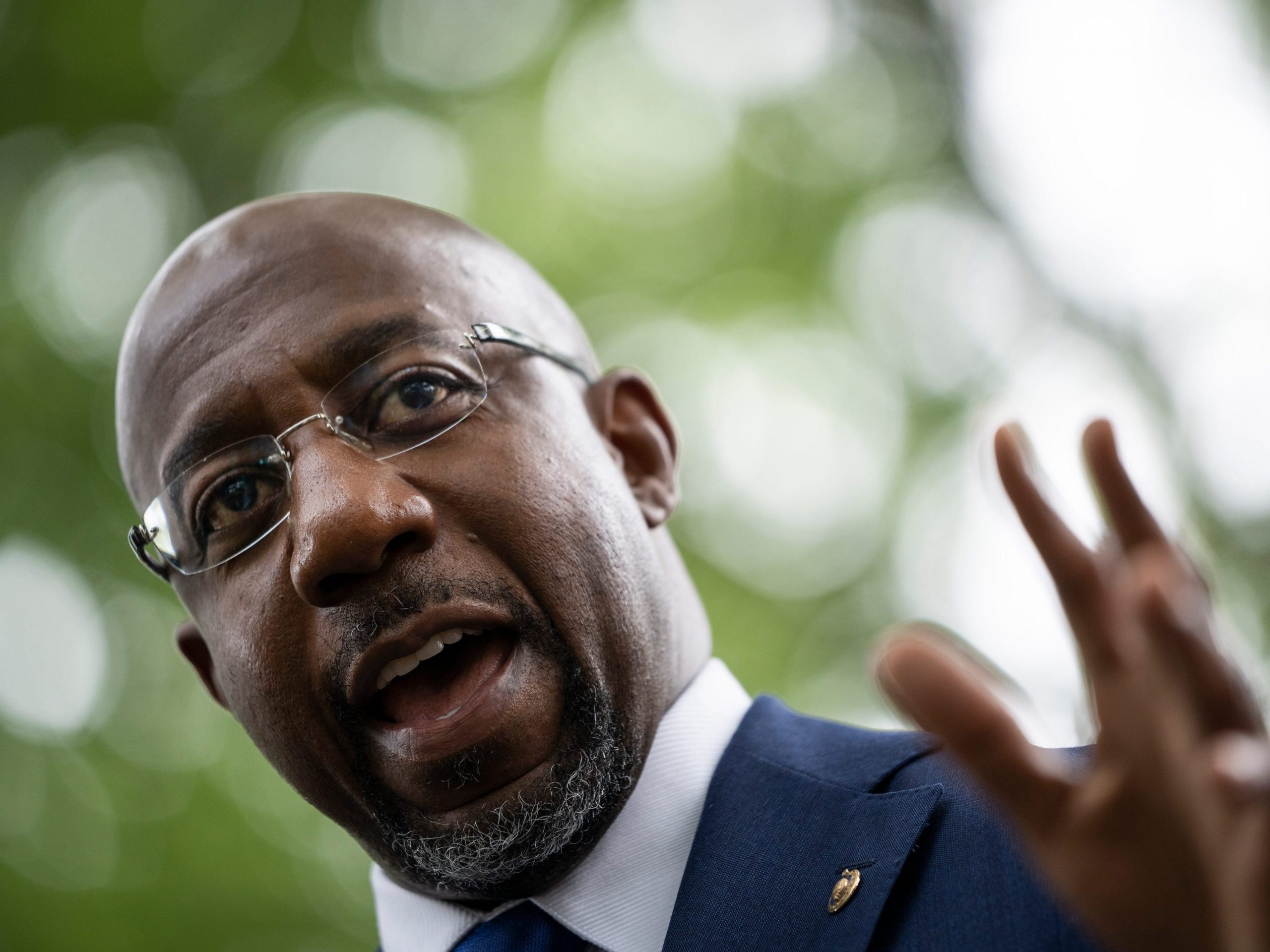 Sen. Raphael Warnock of Georgia speaks during a rally about voting rights and ending the filibuster near the US Capitol on August 3, 2021.