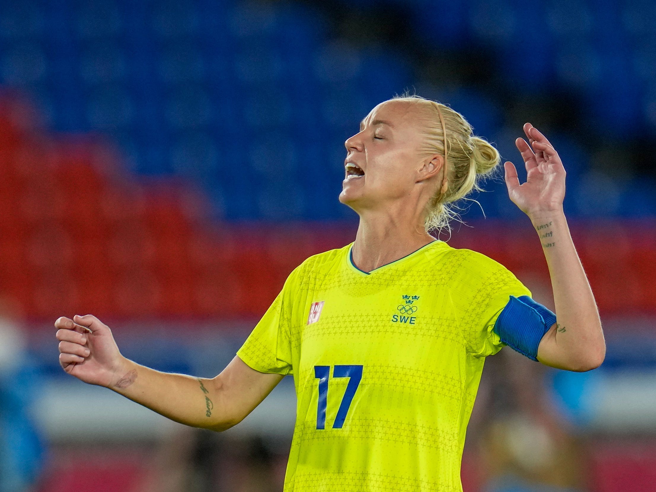 Caroline Seger reacts after missing penalty kick against Canada at Tokyo 2020.