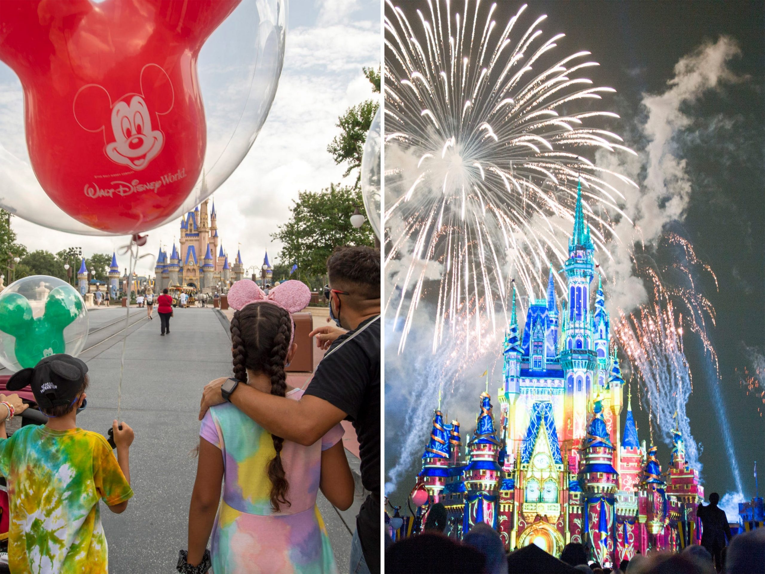 left: A stunning firework show behind a lit up castle at Disney World Right: A family holding balloons stands on Main Street facing the castle on a cloudy day.