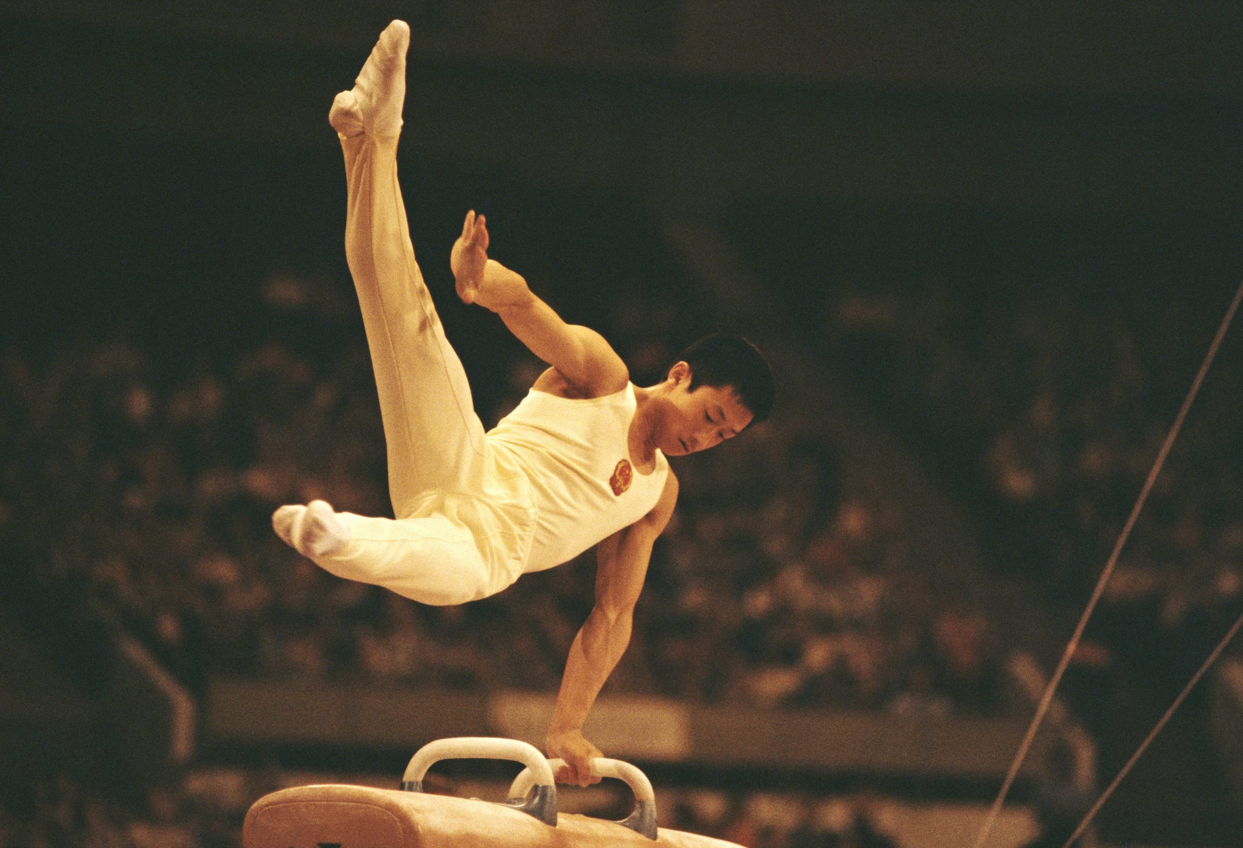 A man supported by one arm hovers above the  pommel horse with both legs extended.