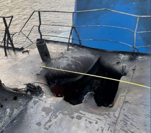 US military photo of drone strike damage to tanker Mercer Street