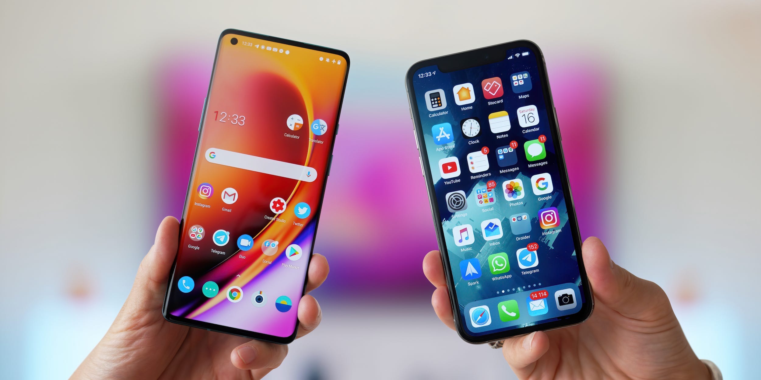 An Android phone and an iPhone, held up next to each other.