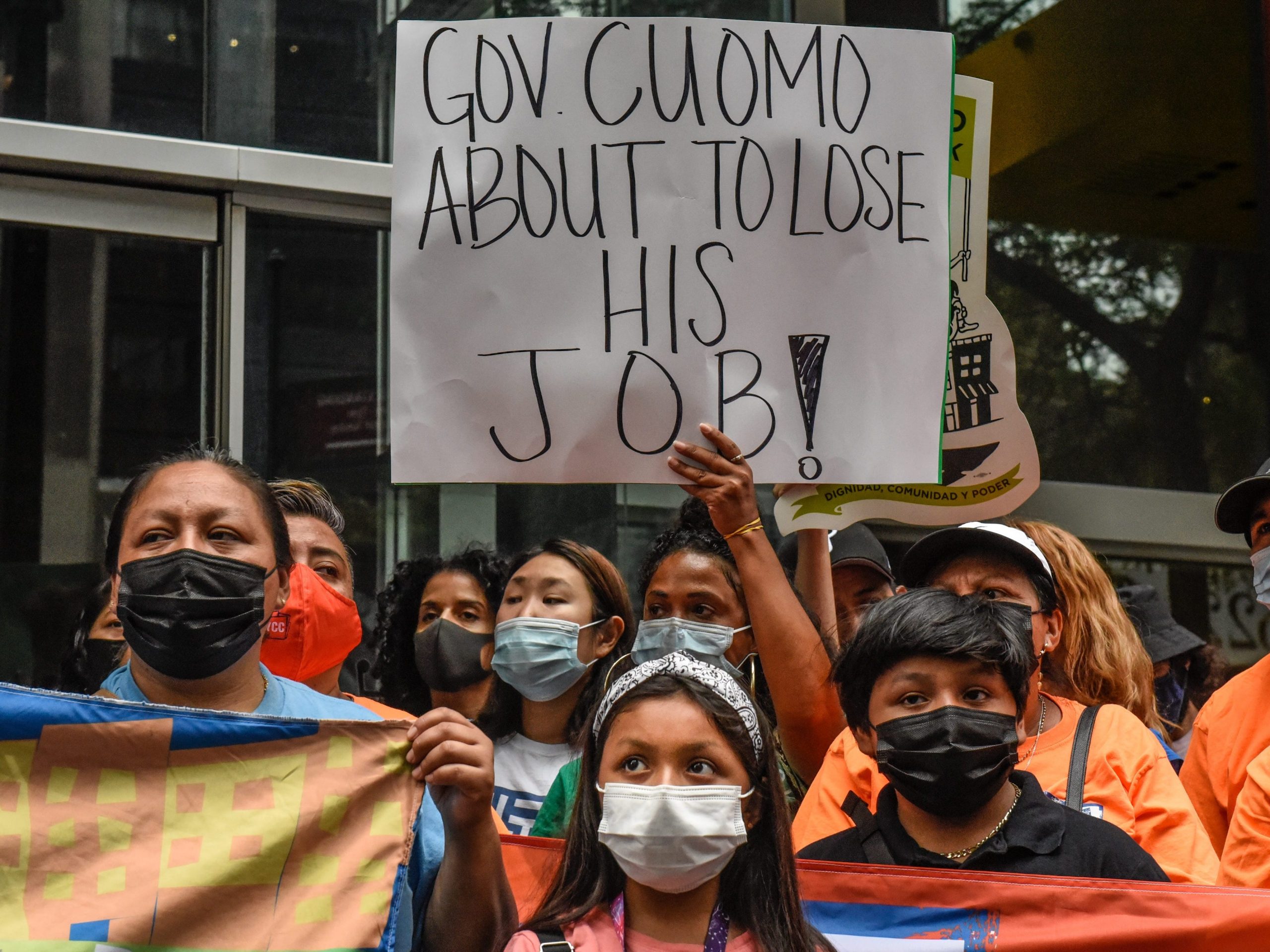 People participate in a protest against NY Gov. Andrew Cuomo and protest for a moratorium on evictions on August 4, 2021 in New York City.