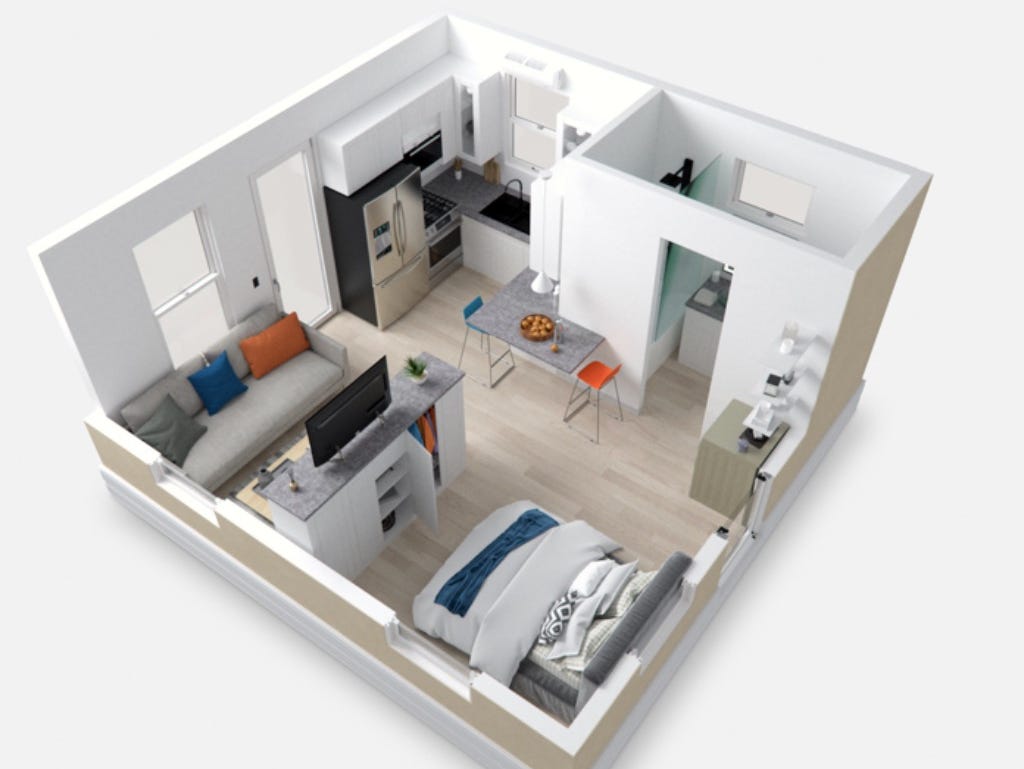 A rendering of the interior of the Casita on a white background