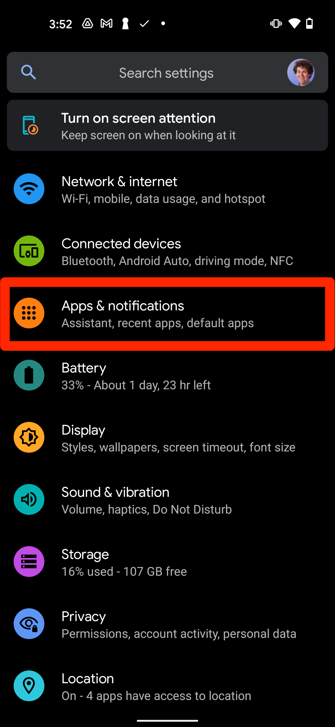 An Android's settings menu, with the "Apps & notifications" option highlighted.