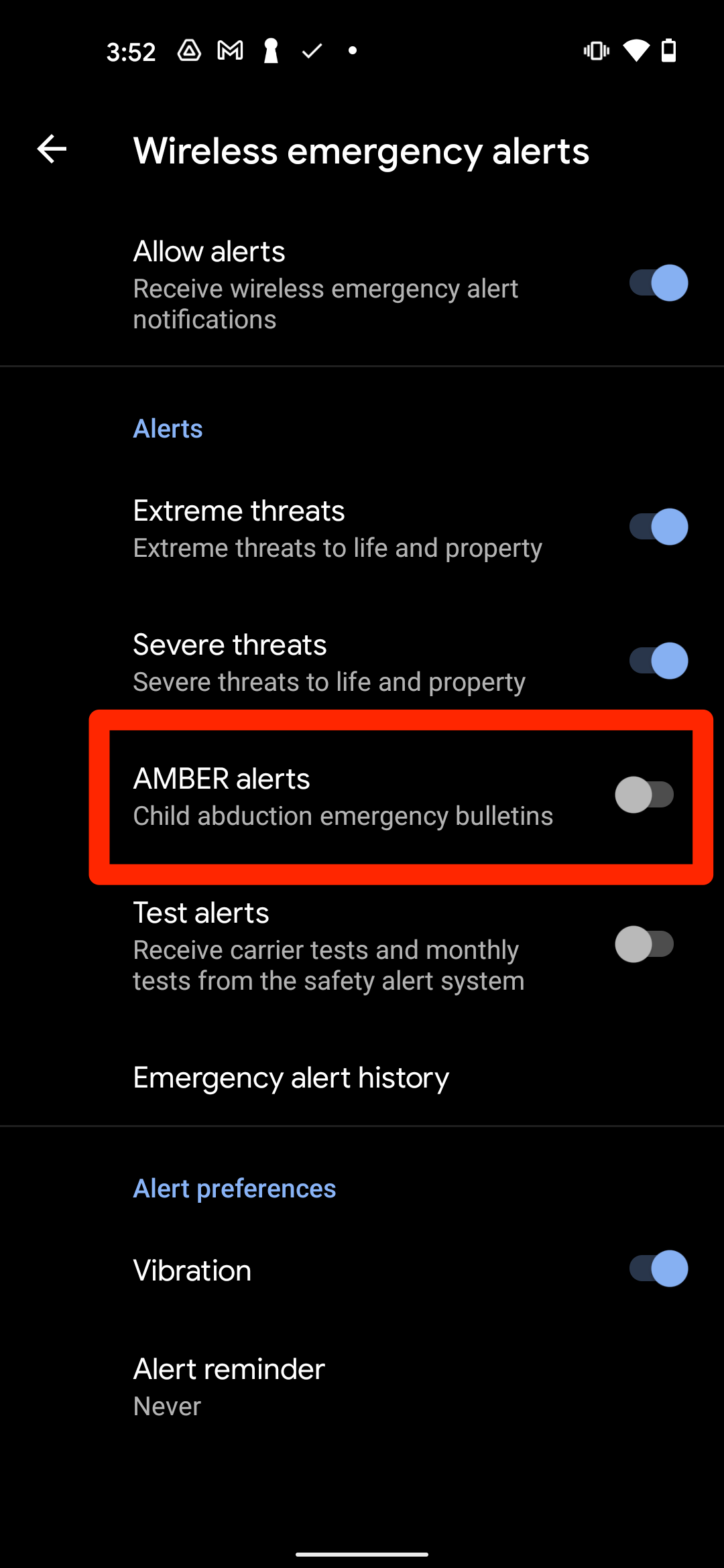 A list titled "Wireless emergency alerts" that presents a series of options and toggles. "AMBER alerts" is highlighted and toggled off.