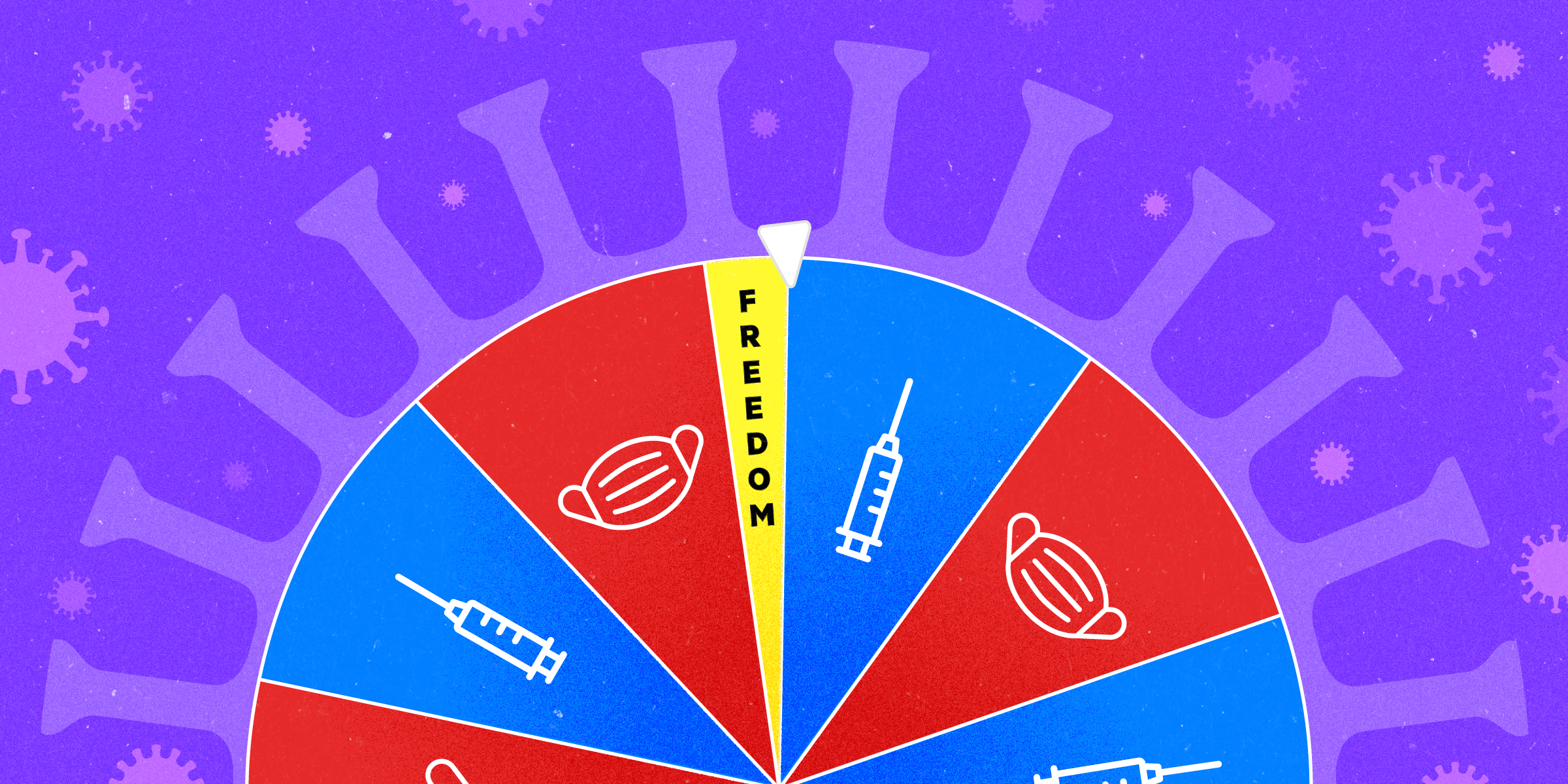 A spinning wheel with alternating blue and red vaccine and mask options and a single small yellow option labeled "FREEDOM." The background is purple and smaller coronavirus shapes are scattered around.