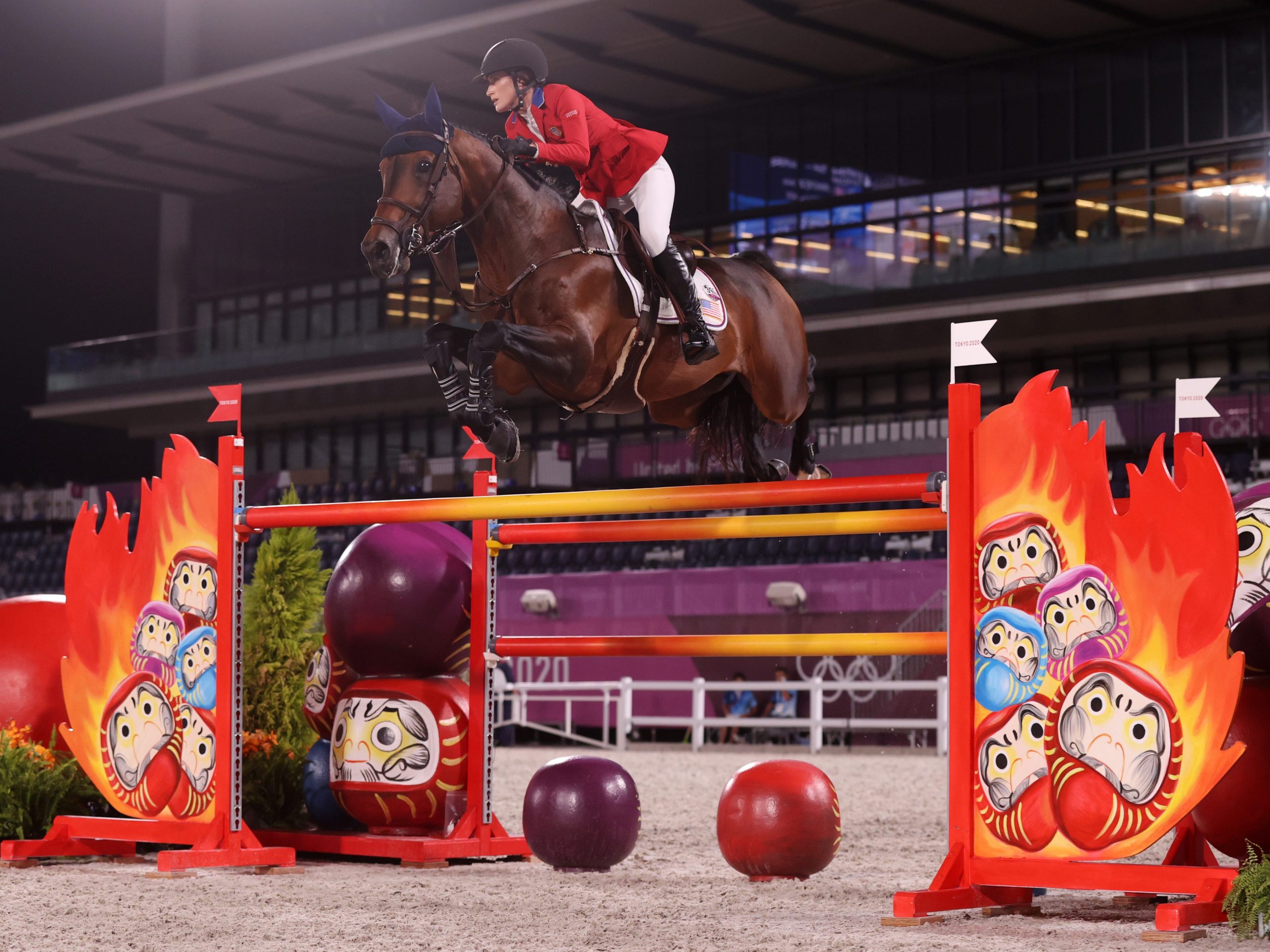 Jessica Springsteen rides her stallion, Don Juan Van De Donkhoeve, during the Tokyo Olympics.