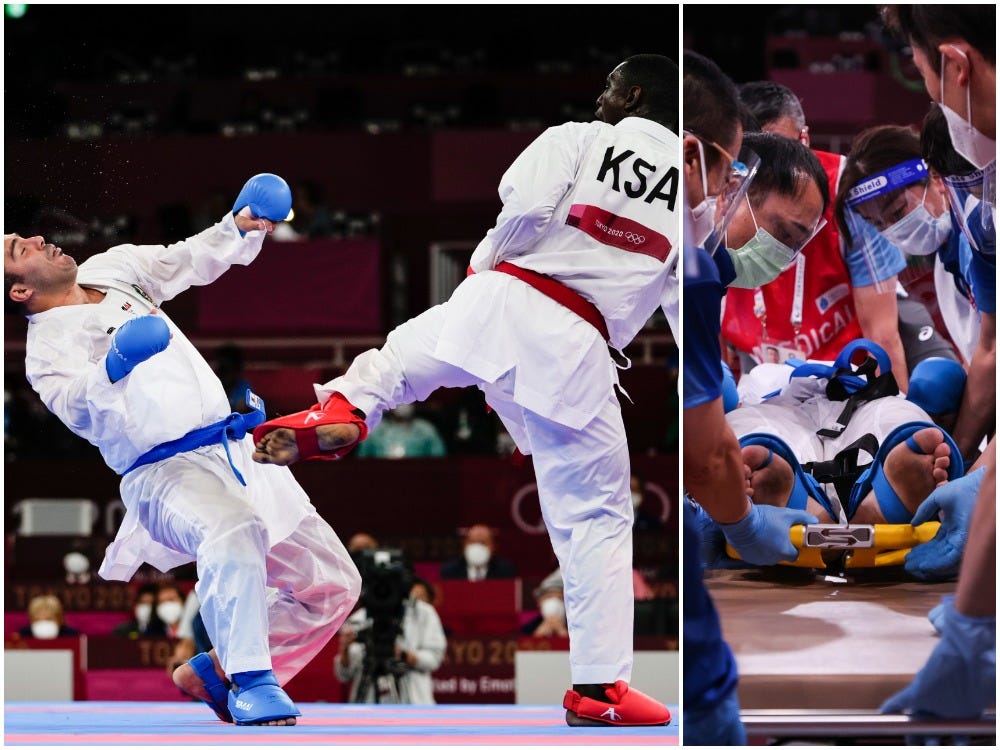 Saudi Arabian karateka Tareg Hamedi knocks out Olympics gold medal opponent Sajad Ganjzadeh but got disqualified for doing so, winning silver instead.