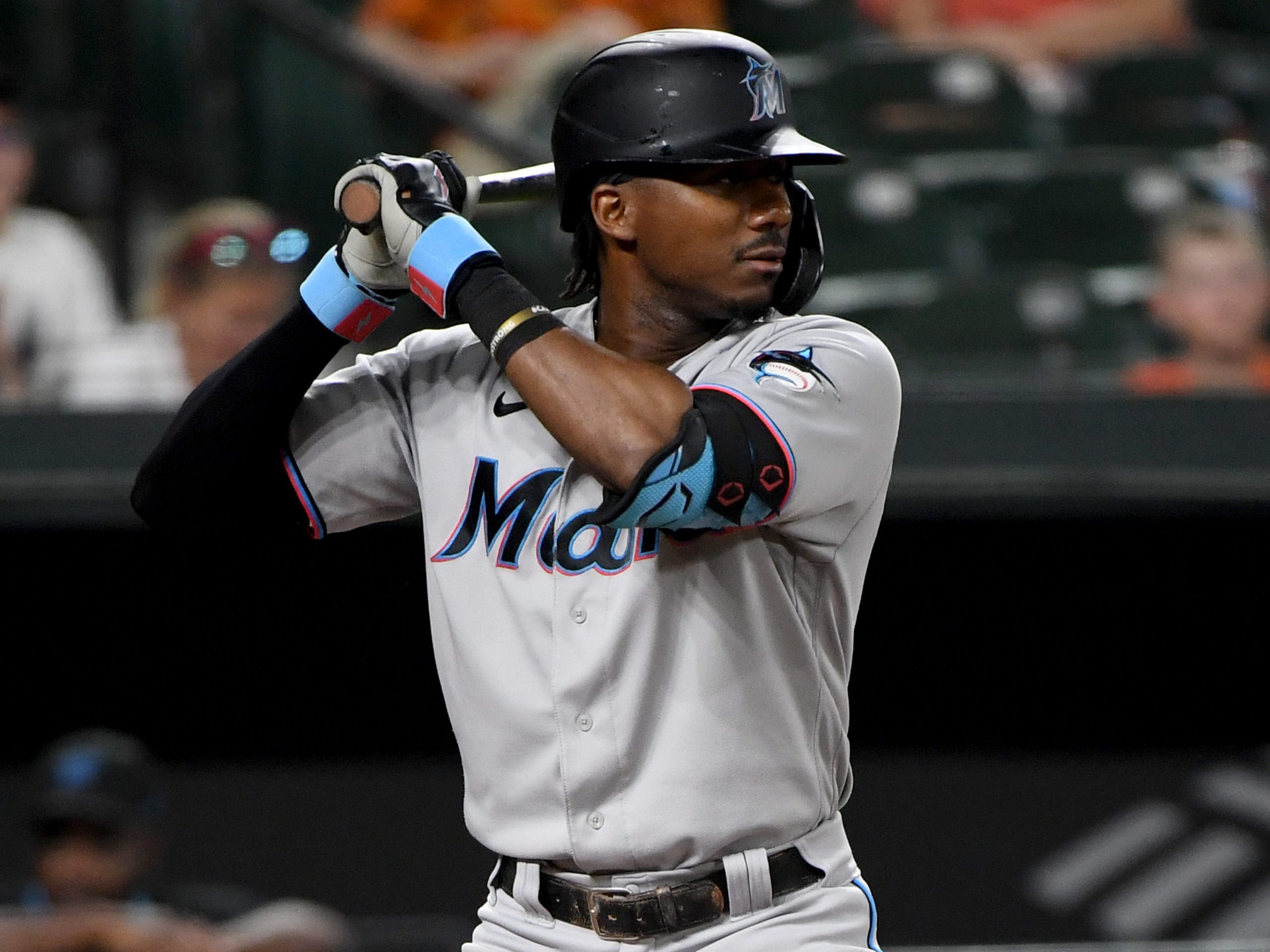 Lewis Brinson #25 of the Miami Marlins at bat against the Baltimore Orioles at Oriole Park at Camden Yards on July 28, 2021 in Baltimore, Maryland.