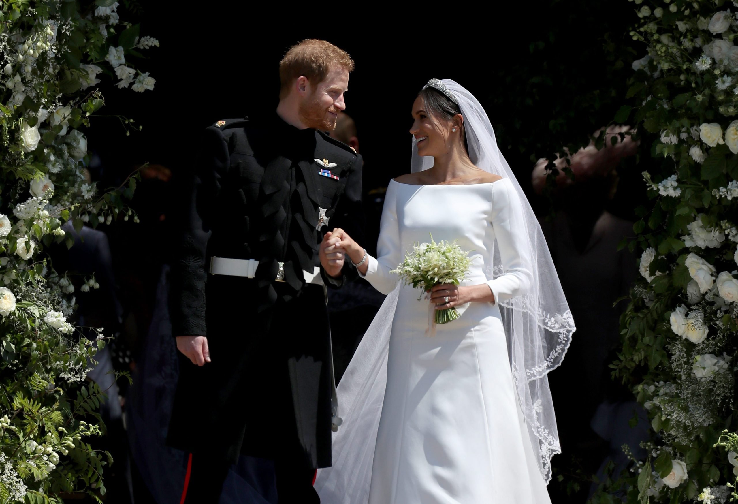 Prince Harry and Meghan Markle pictured leaving St George's Chapel in Windsor Castle on their wedding day on May 19 2018.