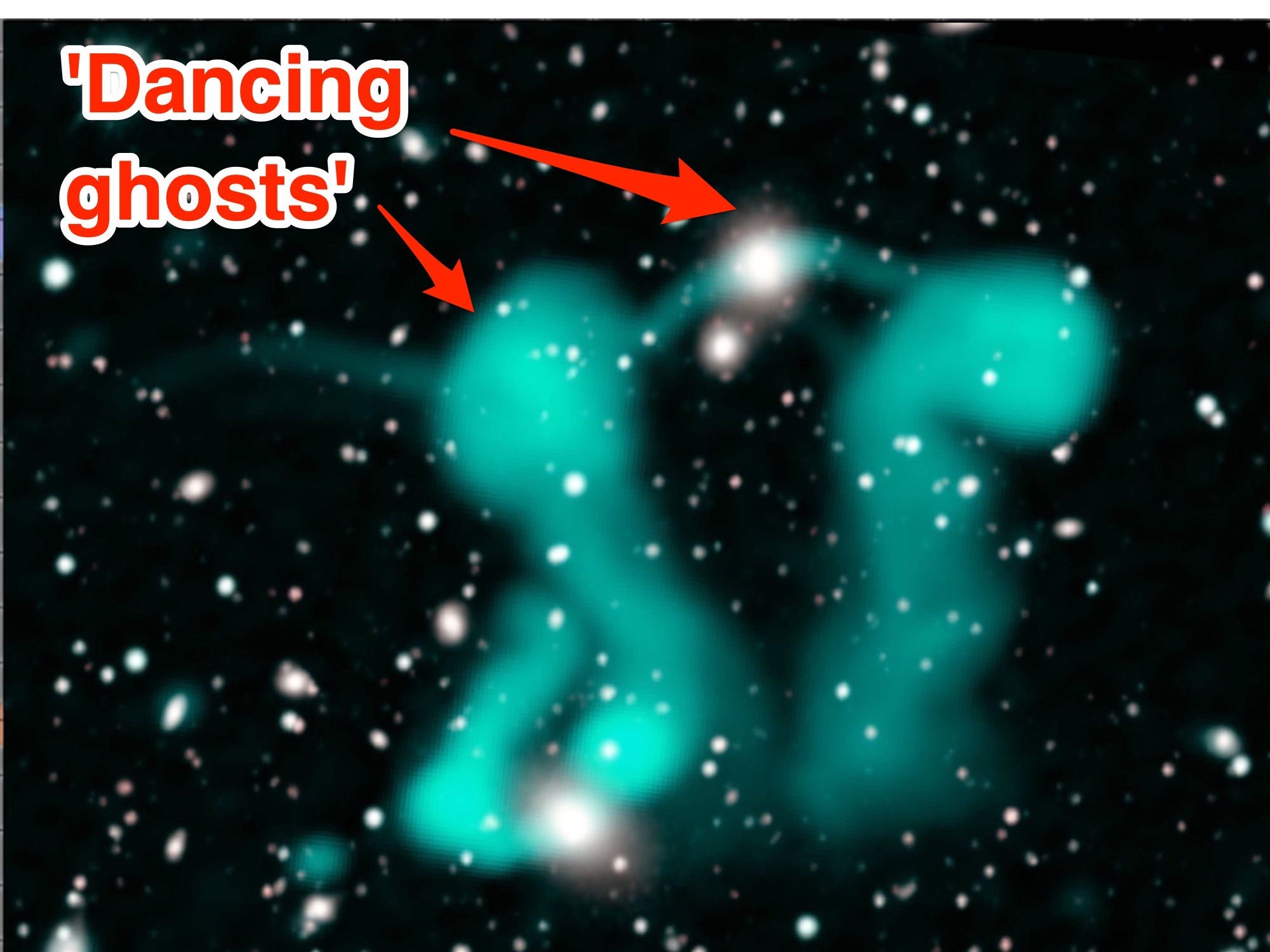 An annotated image of the 'dancing ghosts' green clouds of electrons shaped like people dancing