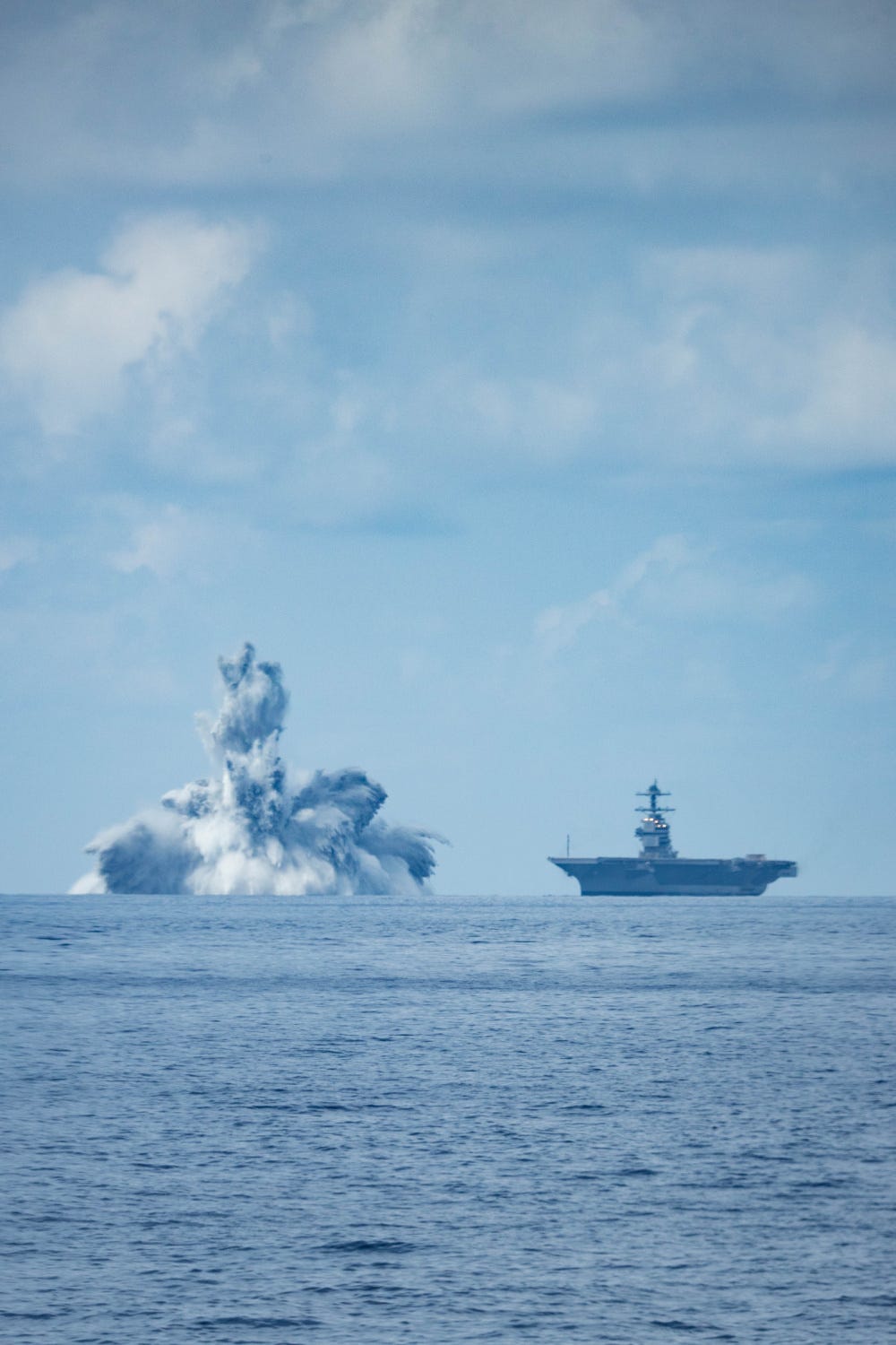 The aircraft carrier USS Gerald R. Ford (CVN 78) completes the third scheduled explosive event of Full Ship Shock Trials while underway in the Atlantic Ocean, August 8, 2021