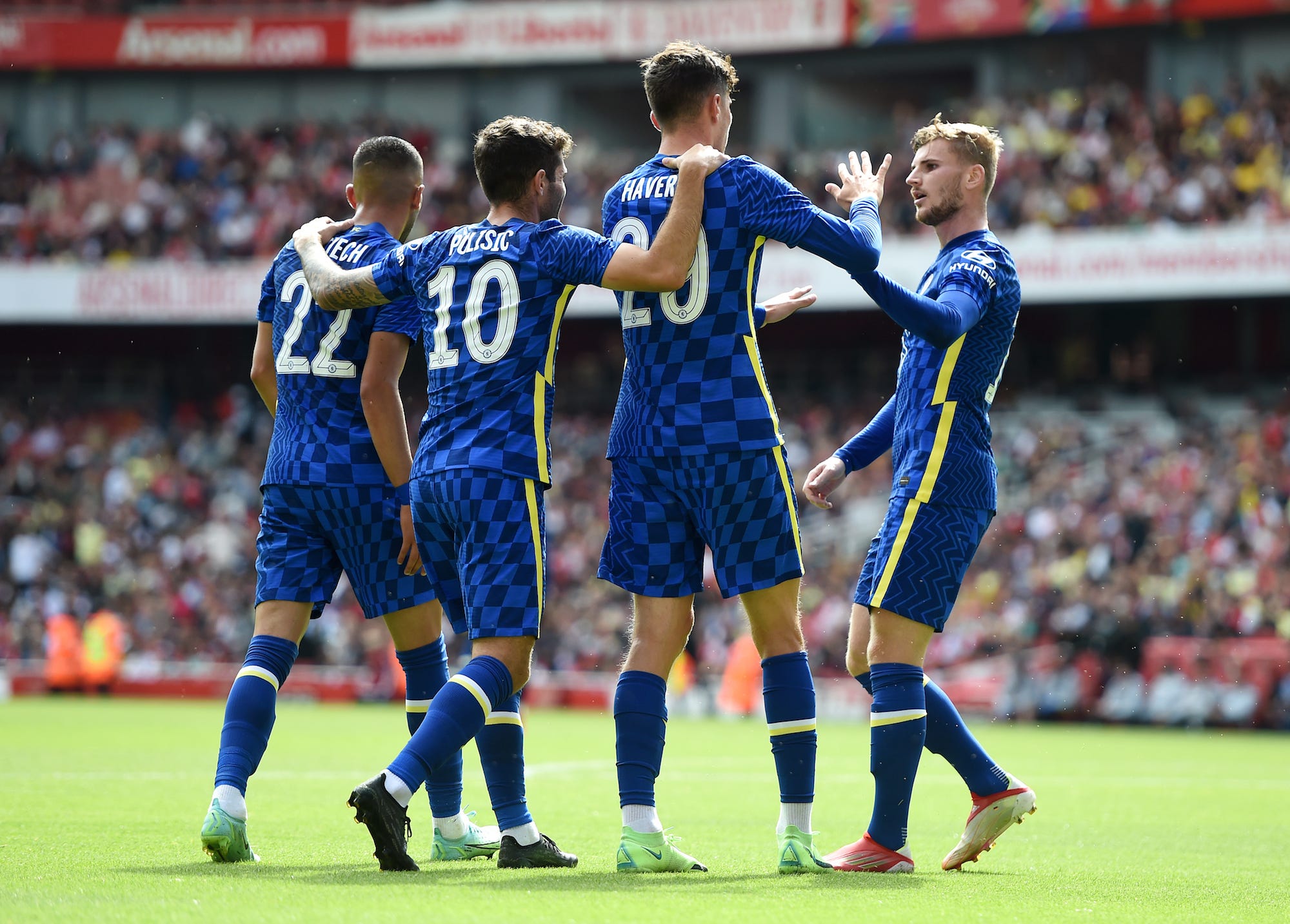Kai Havertz of Chelsea celebrates with Hakim Ziyech, Christian Pulisic and Timo Werner after scoring their side's first goal during the Pre-Season Friendly match between Arsenal and Chelsea at Emirates Stadium