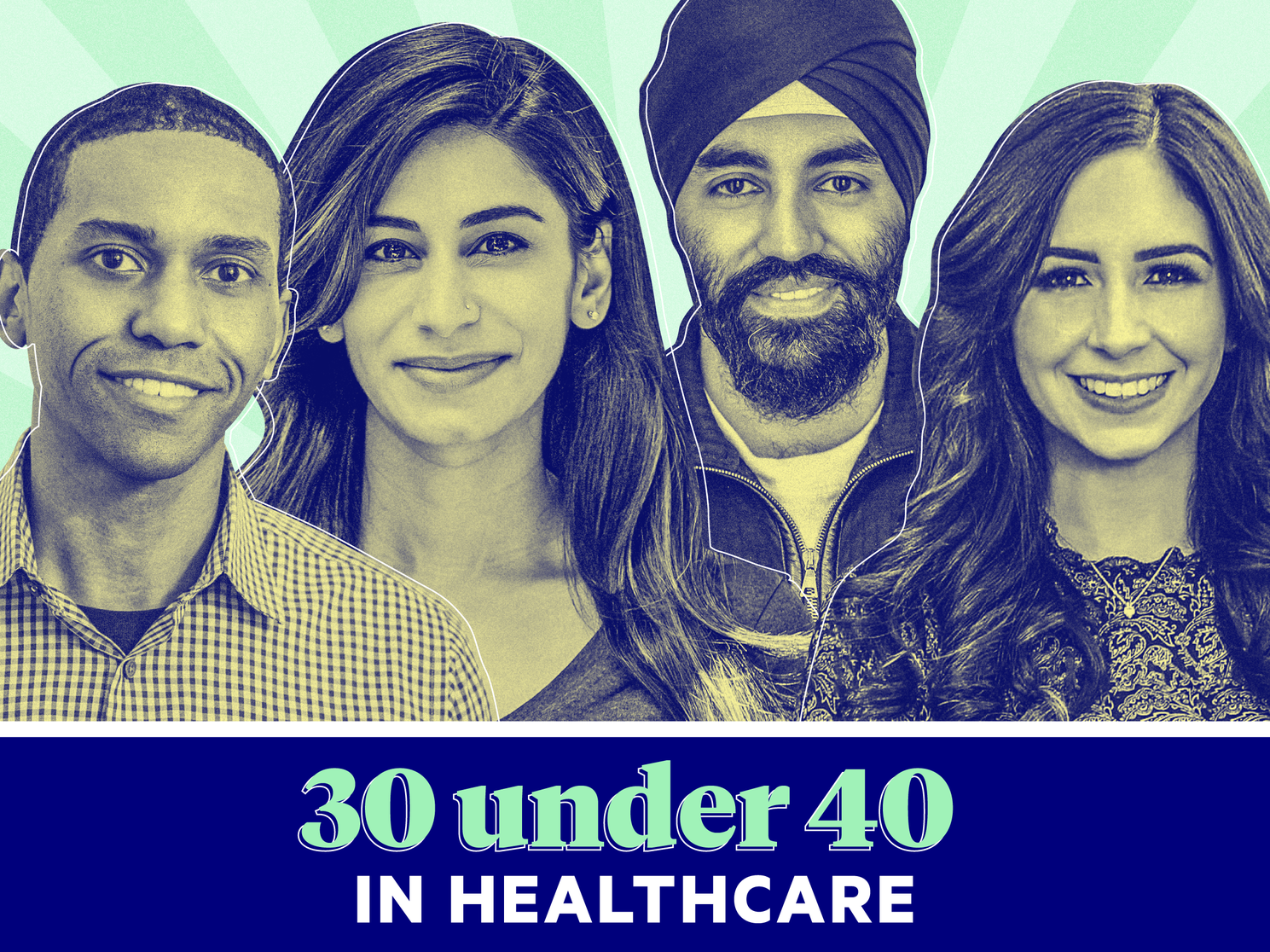From left: Dr. Isaac Kinde, head of research and innovation and a co-founder of Thrive, Dr. Asima Ahmad, Carrot Fertility cofounder and chief medical officer, Harpreet Singh Rai, Oura CEO, and Deena Shakir, Lux Capital partner on a light green background and "30 under 40 in Healthcare" text in the foreground
