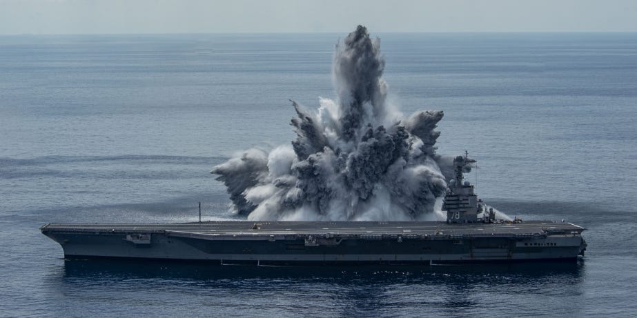 The aircraft carrier USS Gerald R. Ford (CVN 78) successfully completes the third and final scheduled explosive event of Full Ship Shock Trials while underway in the Atlantic Ocean, Aug. 8, 2021