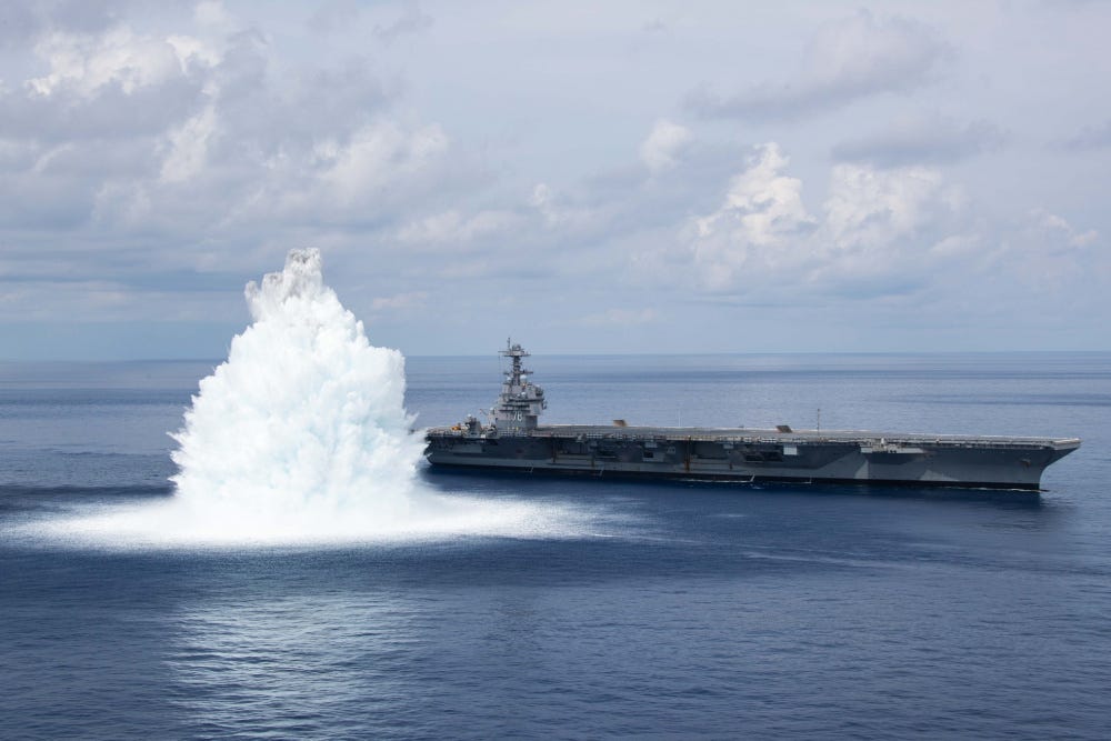 The aircraft carrier USS Gerald R. Ford (CVN 78) successfully completes the third and final scheduled explosive event for Full Ship Shock Trials while underway in the Atlantic Ocean, Aug. 8, 2021