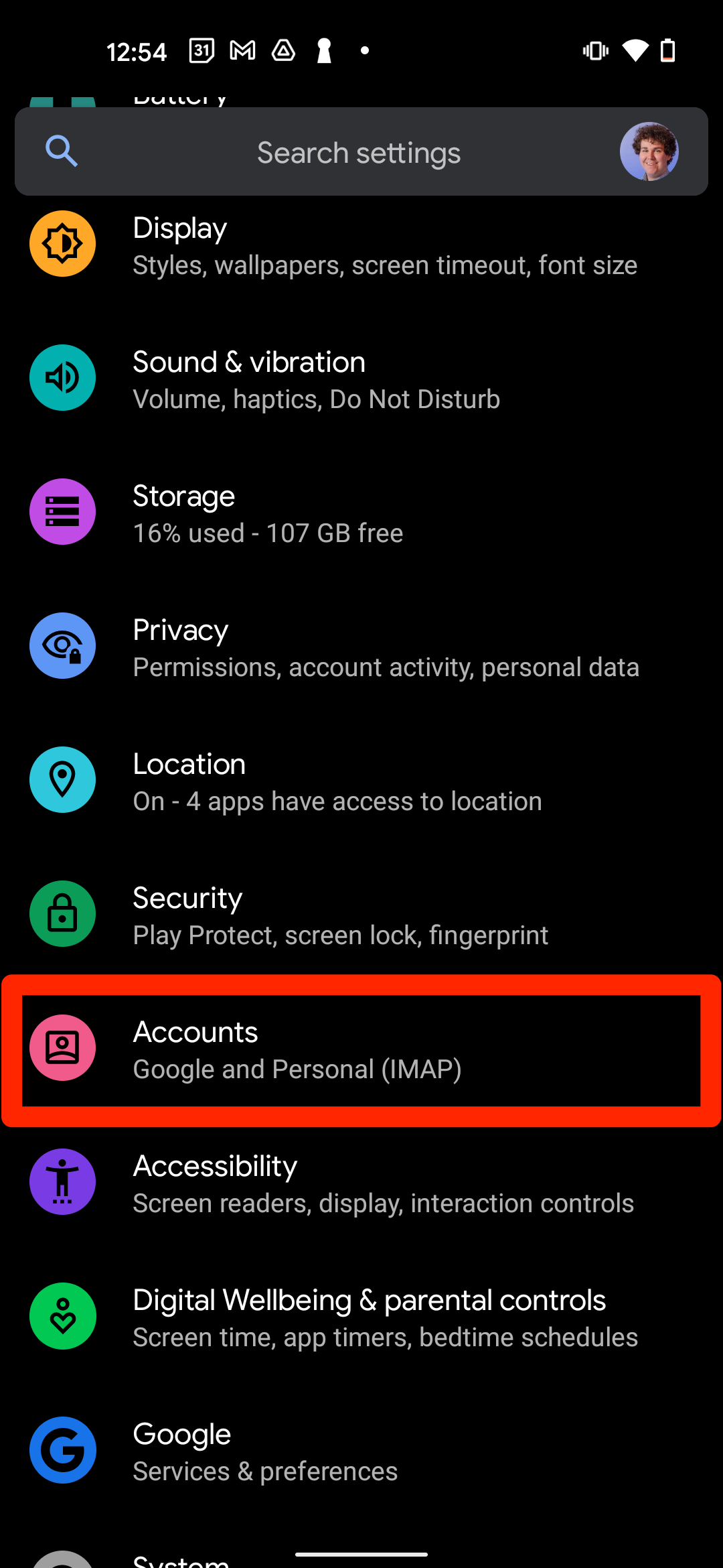 The Settings menu on an Android device, with a number of different option listed. "Accounts" is highlighted.