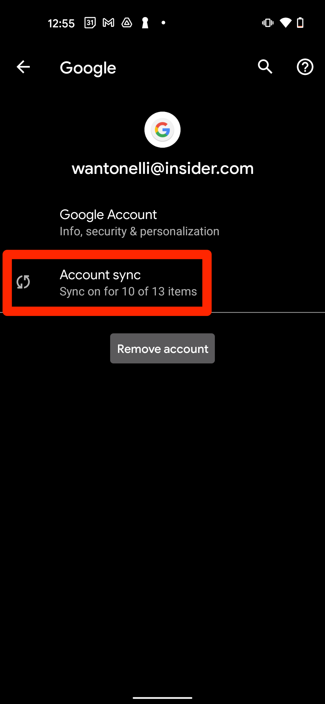 A black page that lists an email address, and an option titled "Account sync."