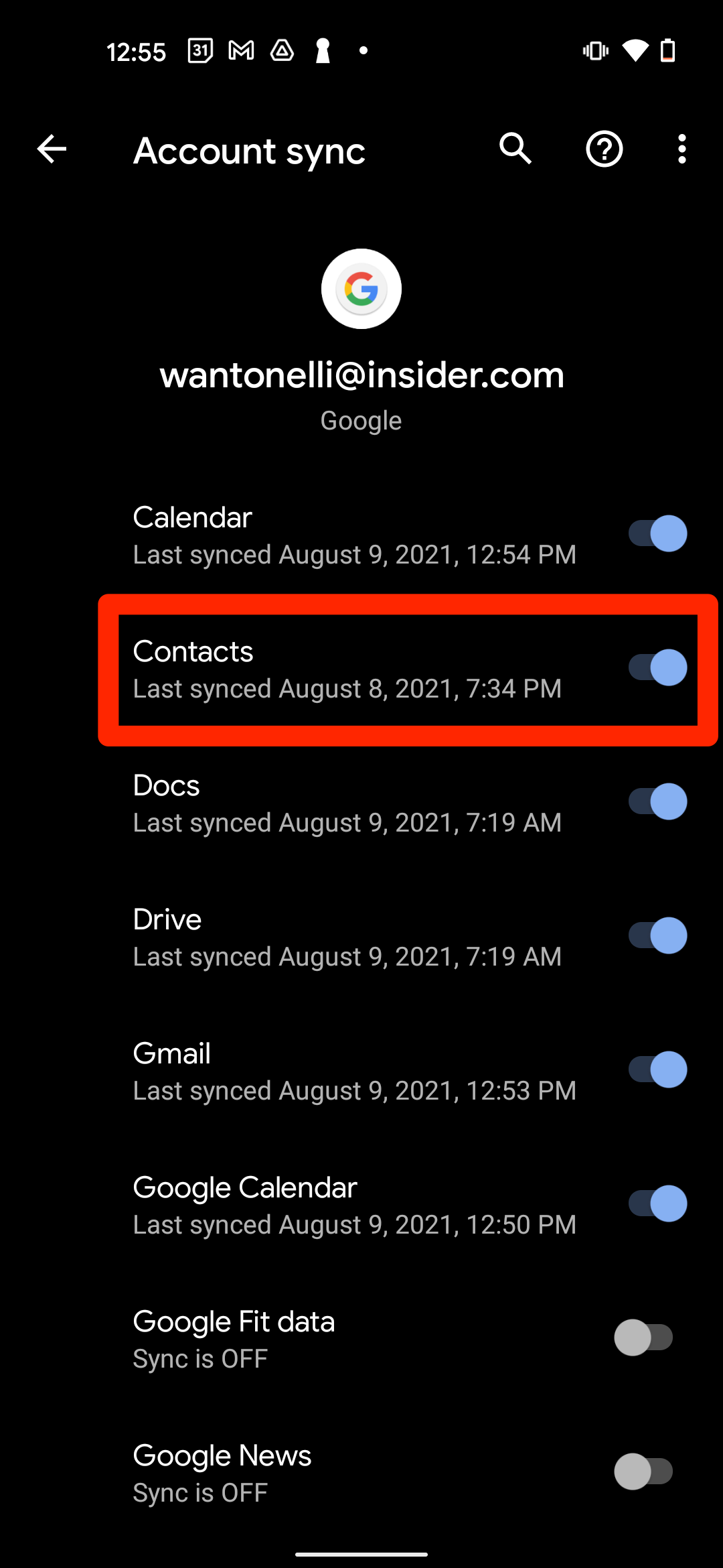 A list of options. The "Contacts" option is highlighted.