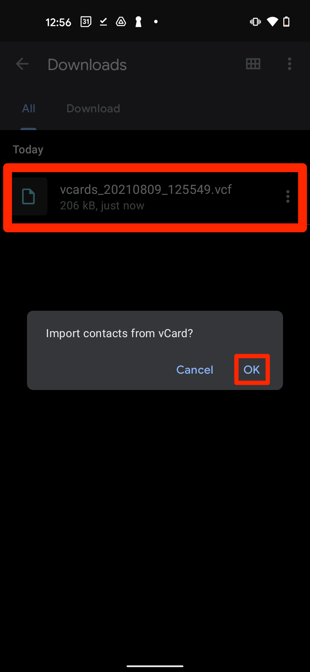 A highlighted .VCF file behind a pop-up window asking the user if they'd like to "Import contacts from vCard." The "OK" option is also highlighted.