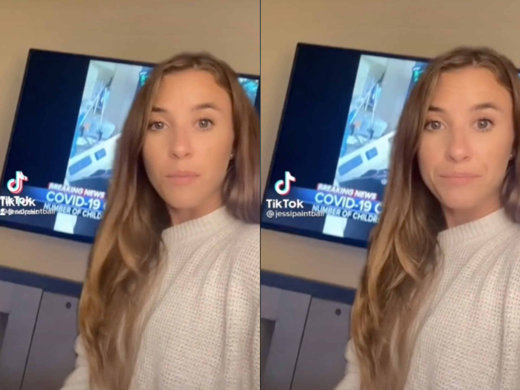 left and right: a woman in a white turtleneck standing in front of a TV. the TV has a news headline that reads COVID-19 cases surging
