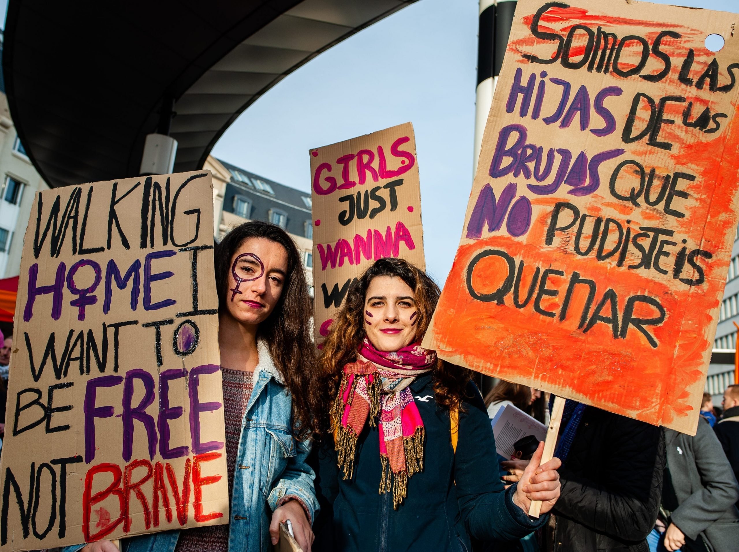 A group of women are holding big placards with feminist messages during the demonstration stop violence against women, in Brussels on November 24th, 2019.