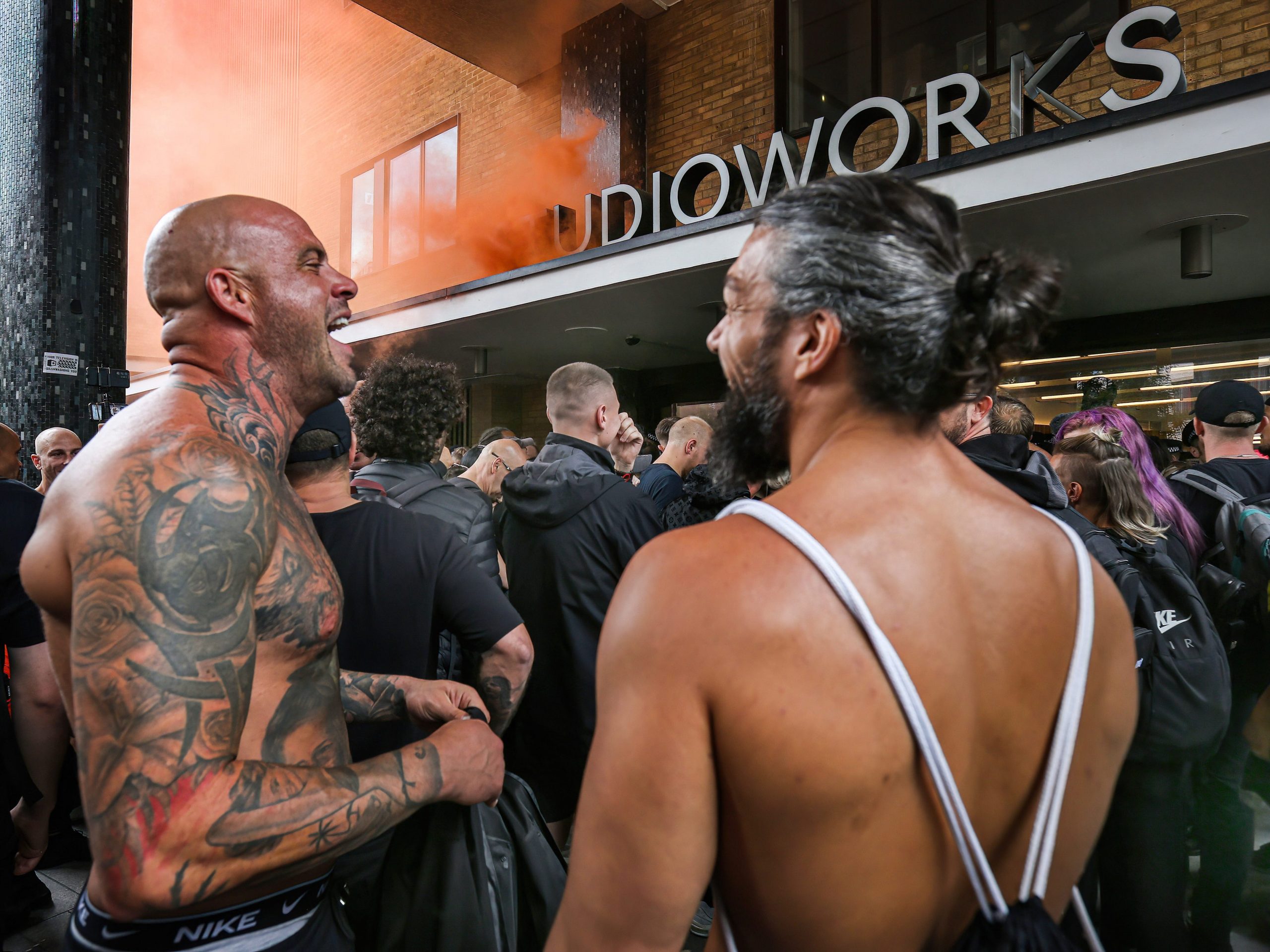 Protesters gather outside Studioworks as they take part during the demonstration. Protesters held a demonstration against the mainstream media bias, covid restrictions, vaccine passports, Covid vaccination for children and the loss of freedom under the Coronavirus Act.