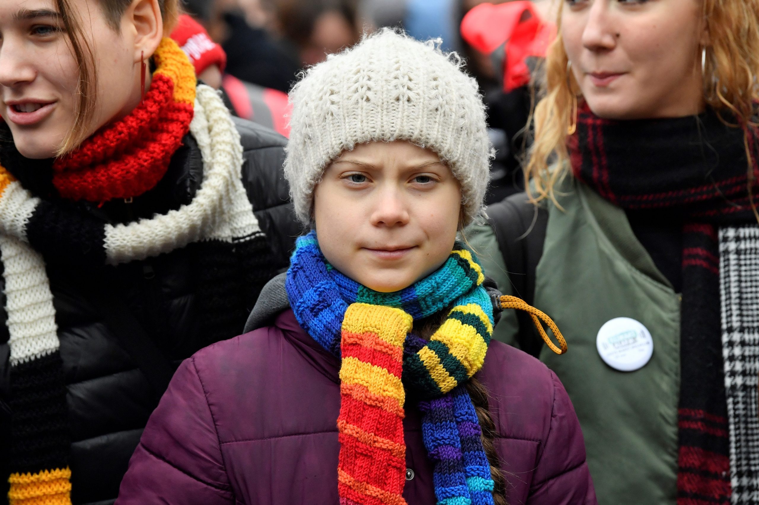 Greta Thunberg looking downcast at a climate change protest in 2019.
