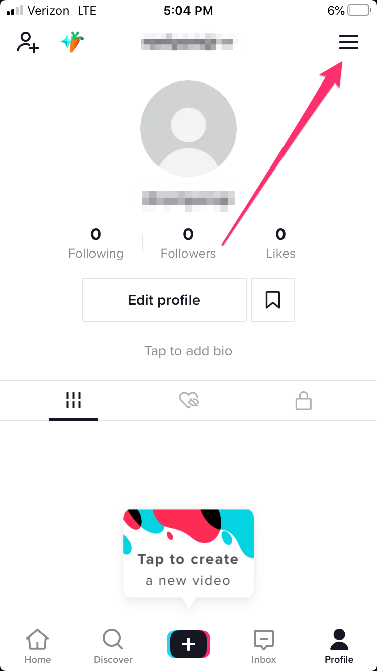 tiktok three lines menu on profile page