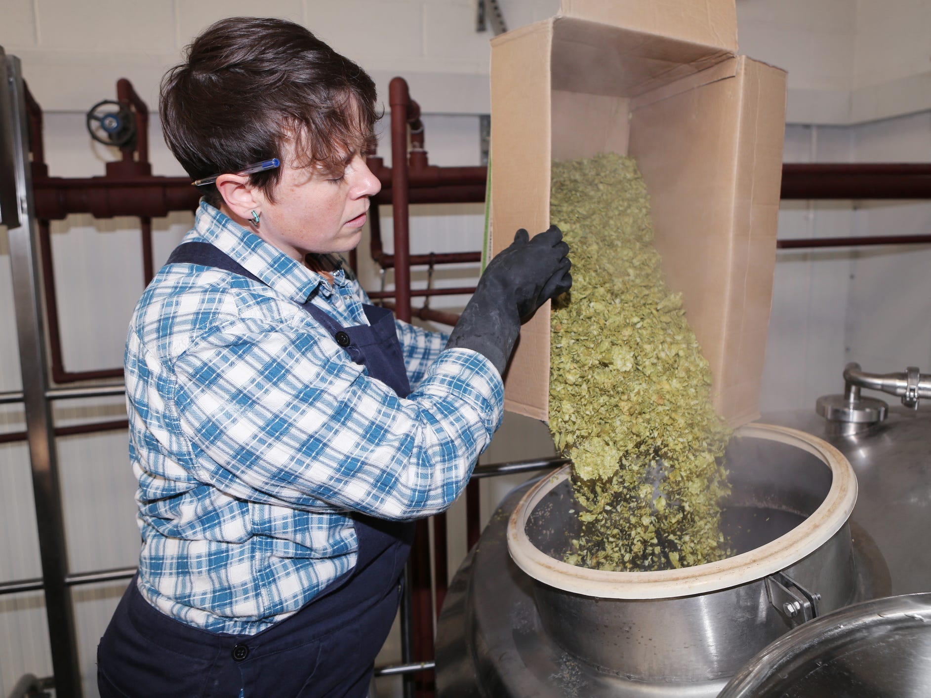 A beer brewer adding hops to a tank