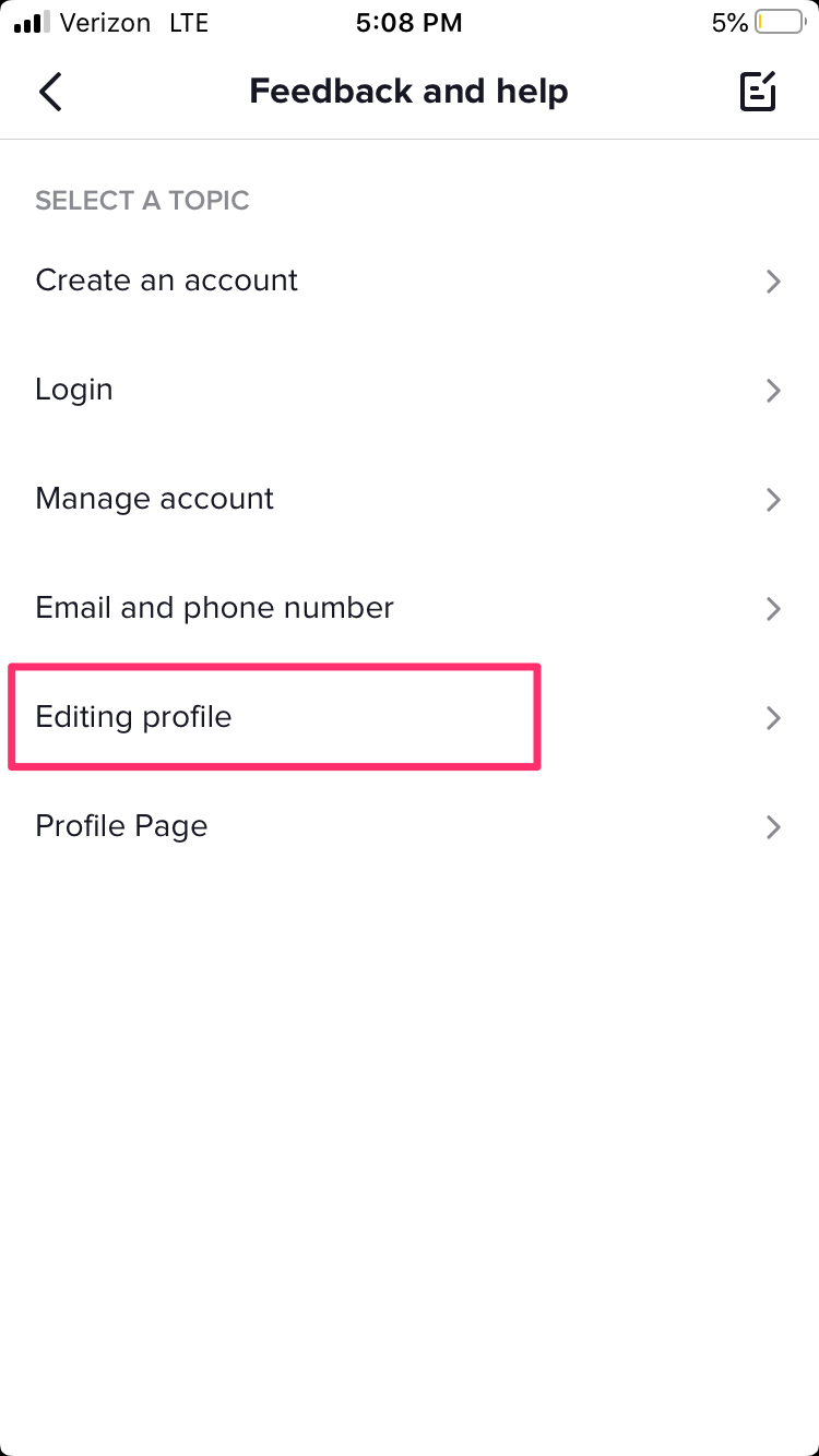 feedback and help page on tiktok, editing profile