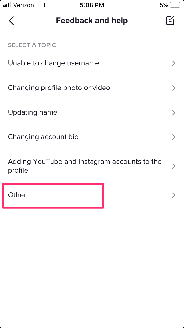 feedback and help tiktok page, select Other