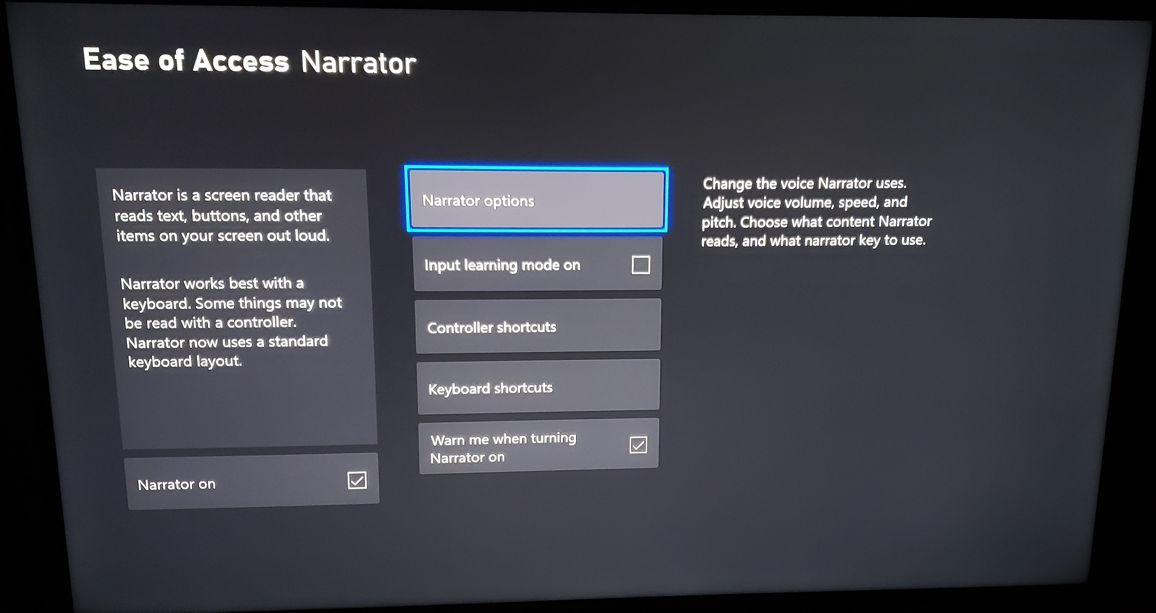 The Xbox's Ease of Access menu, with the Narrator options displayed.