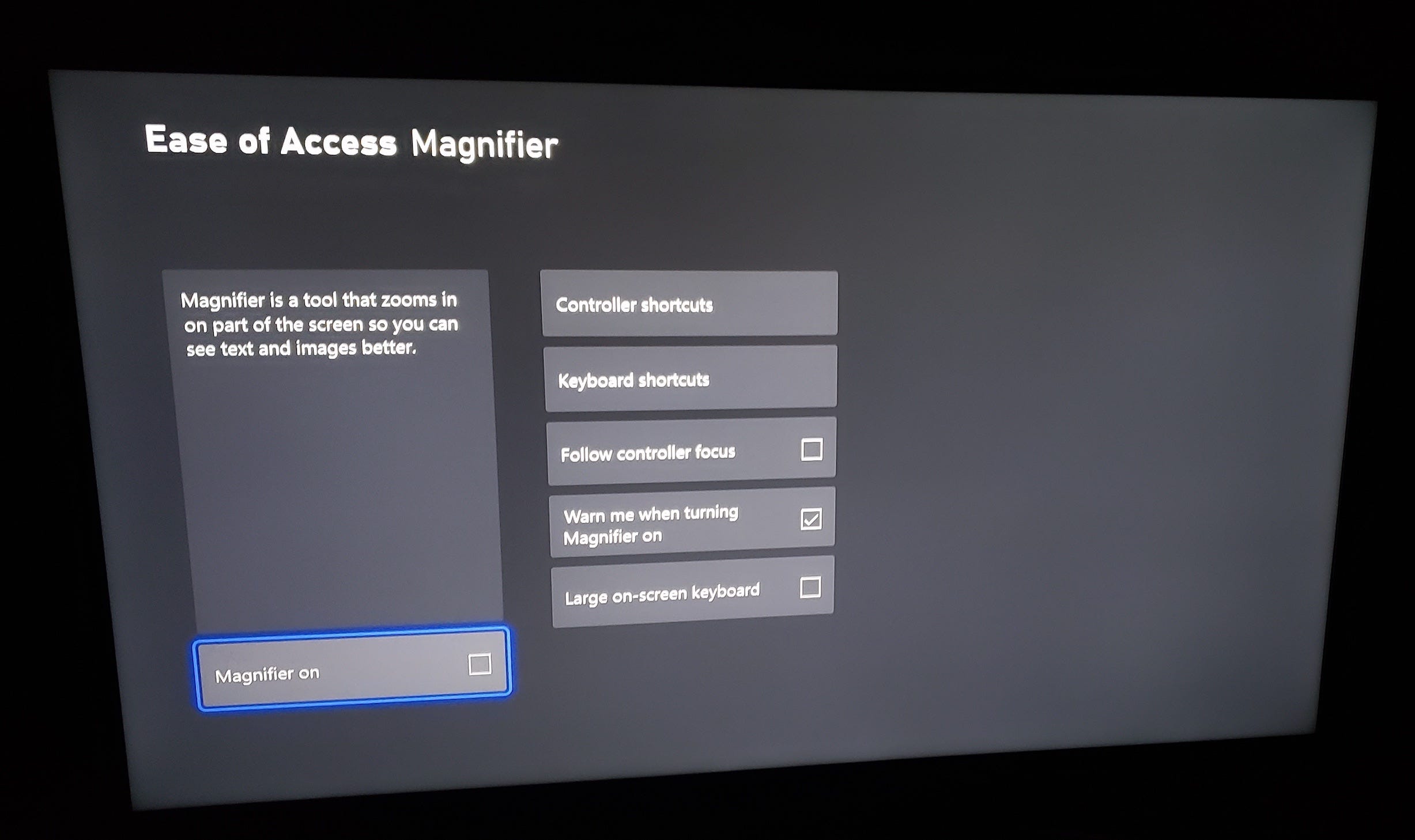 An Xbox's Ease of Access menu with the Magnifier options displayed.