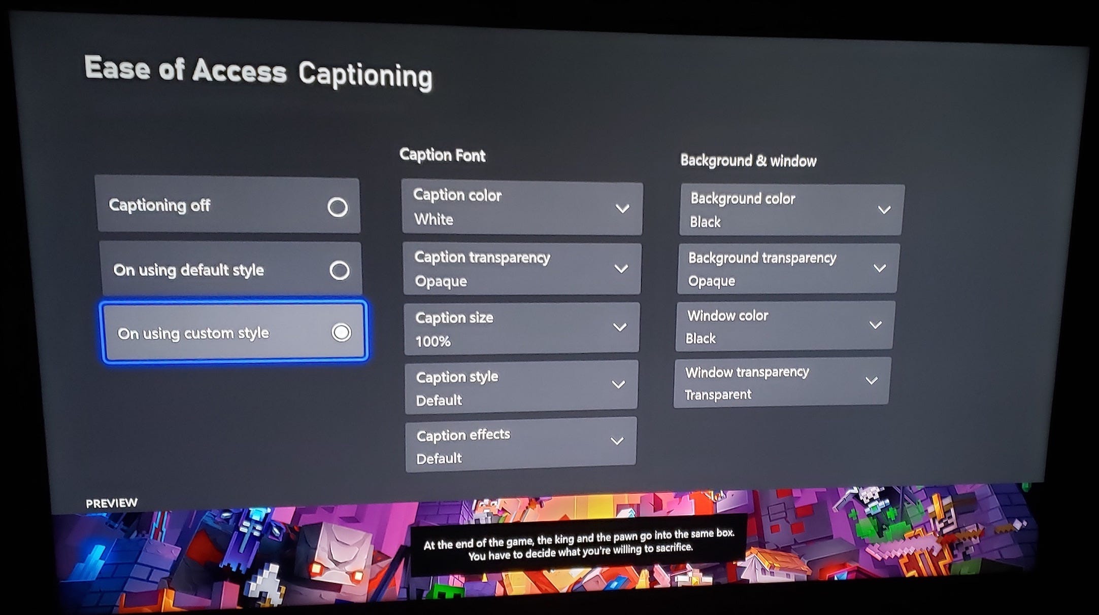 The Xbox's Ease of Access menu, with the Captioning options displayed.