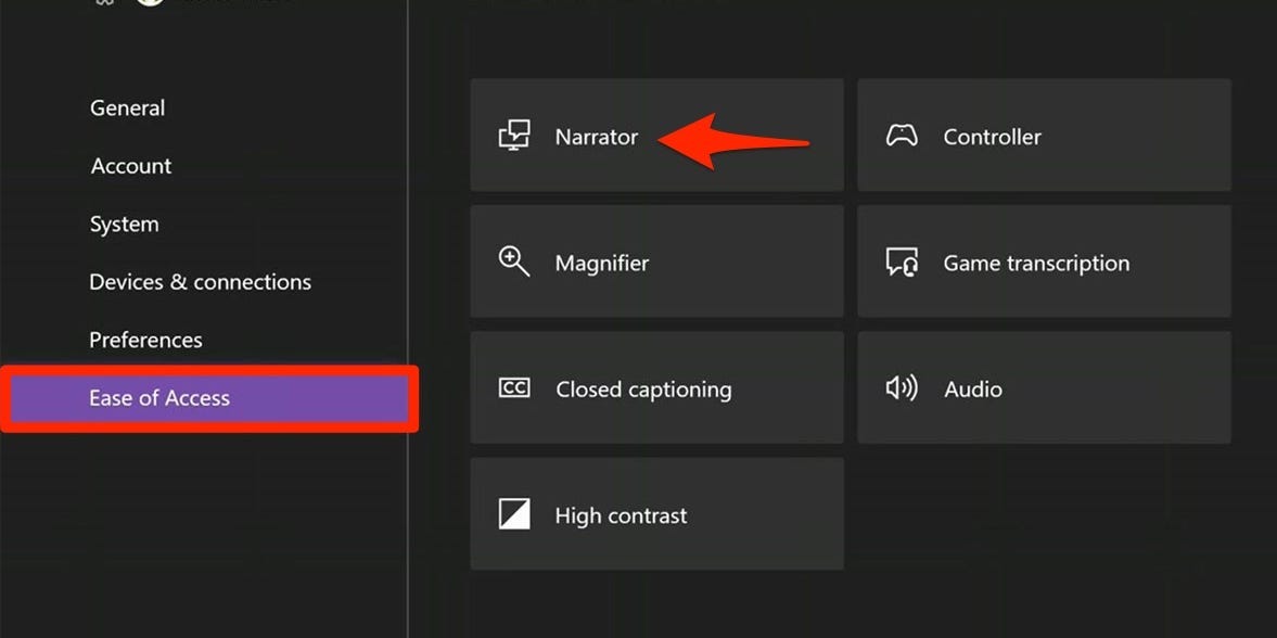 The Xbox ease of access menu, with the Narrator option highlighted.