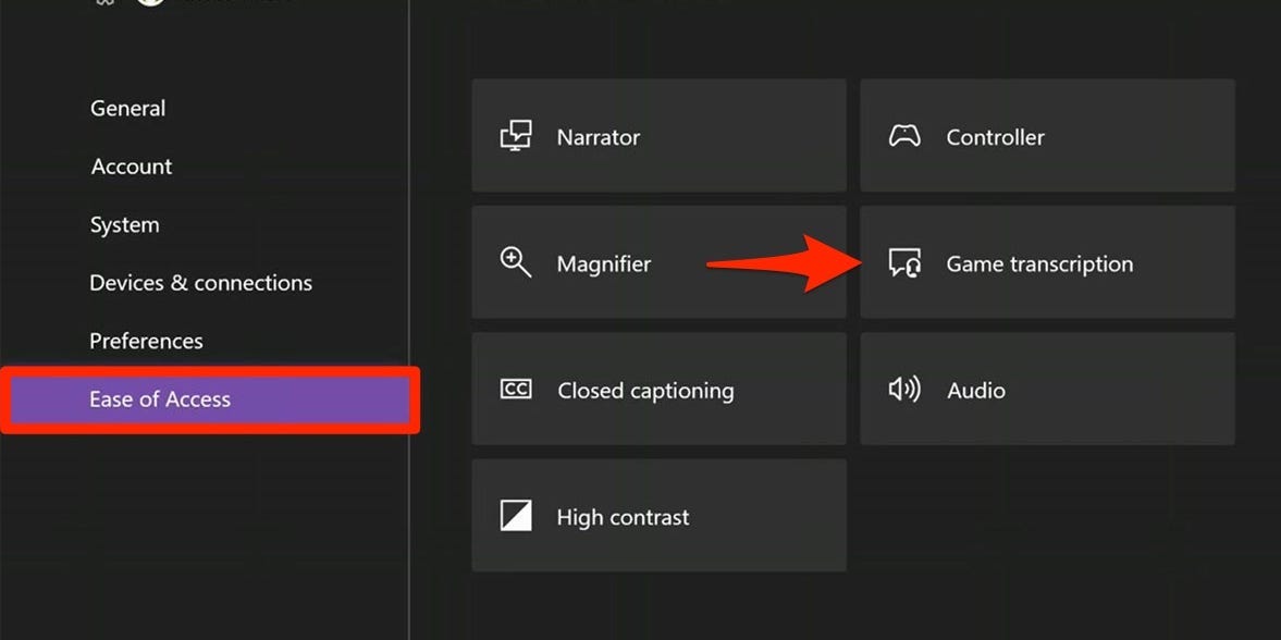 Xbox ease of access menu with red arrow on