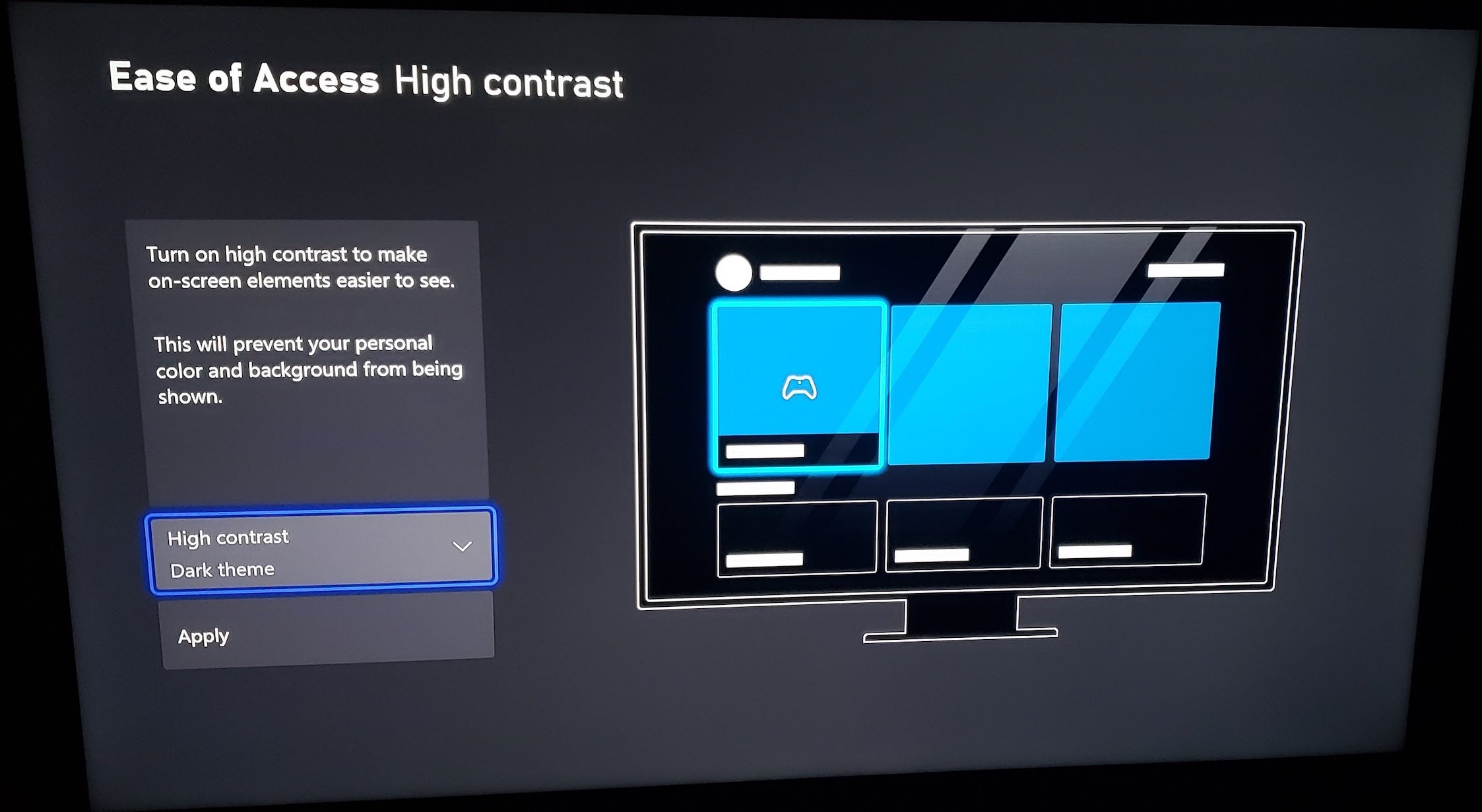 An Xbox's Ease of Access menu, with the High Contrast options displayed.