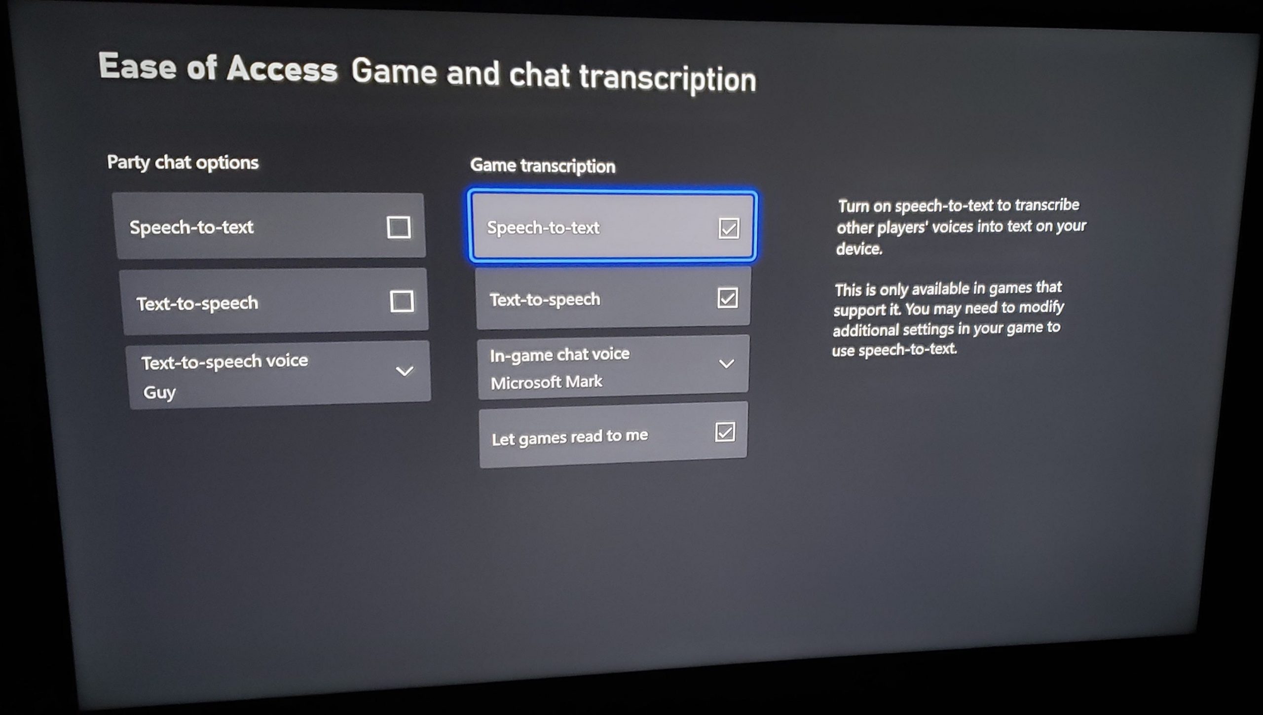 An Xbox's Ease of Access menu, with the transcription options displayed.