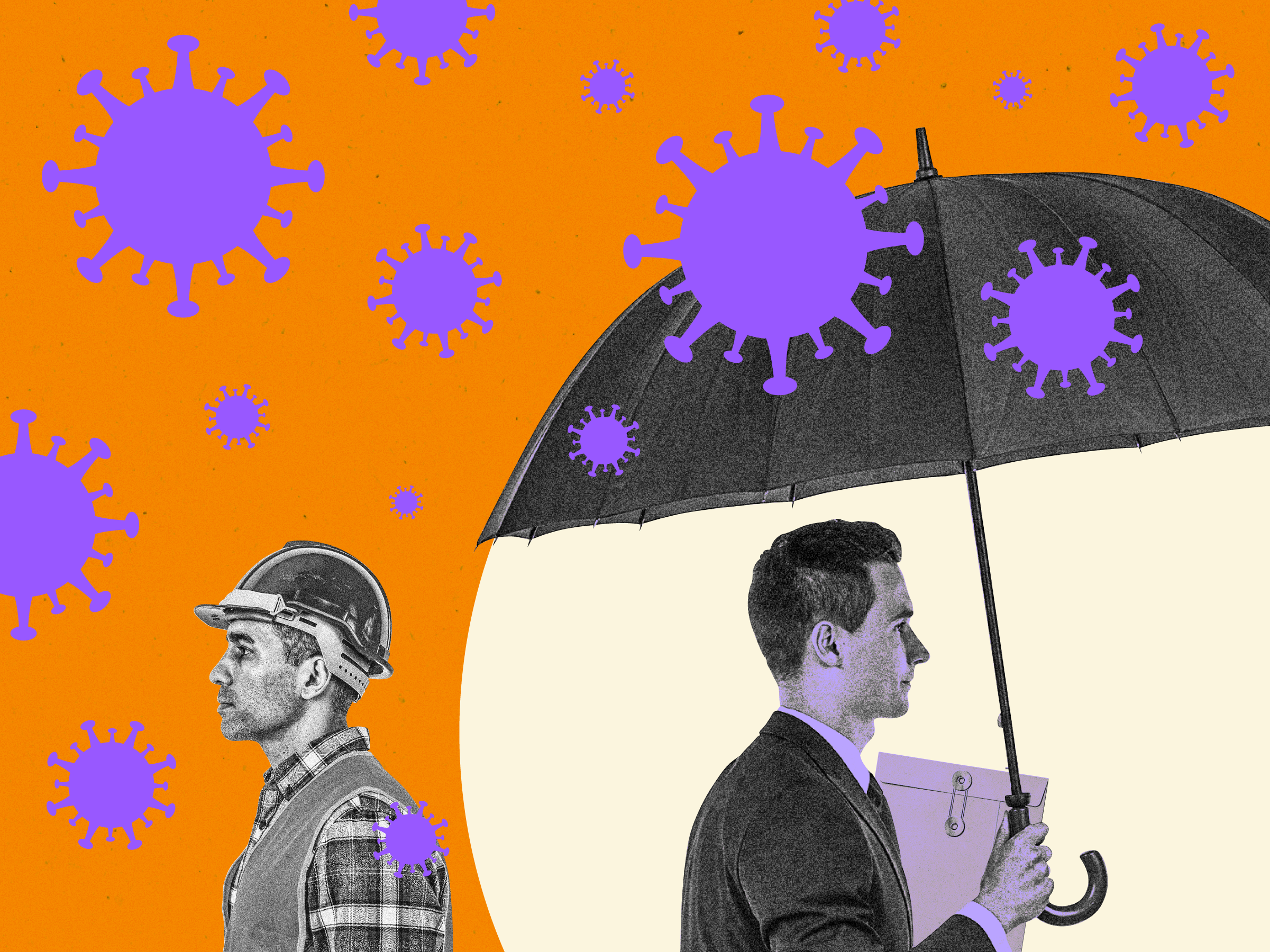 A professional white collar worker holding an umbrella shielding himself from purple raining coronavirus shapes while a hardhat blue collar workers is left out in the virus rain. Both are on an orange background.