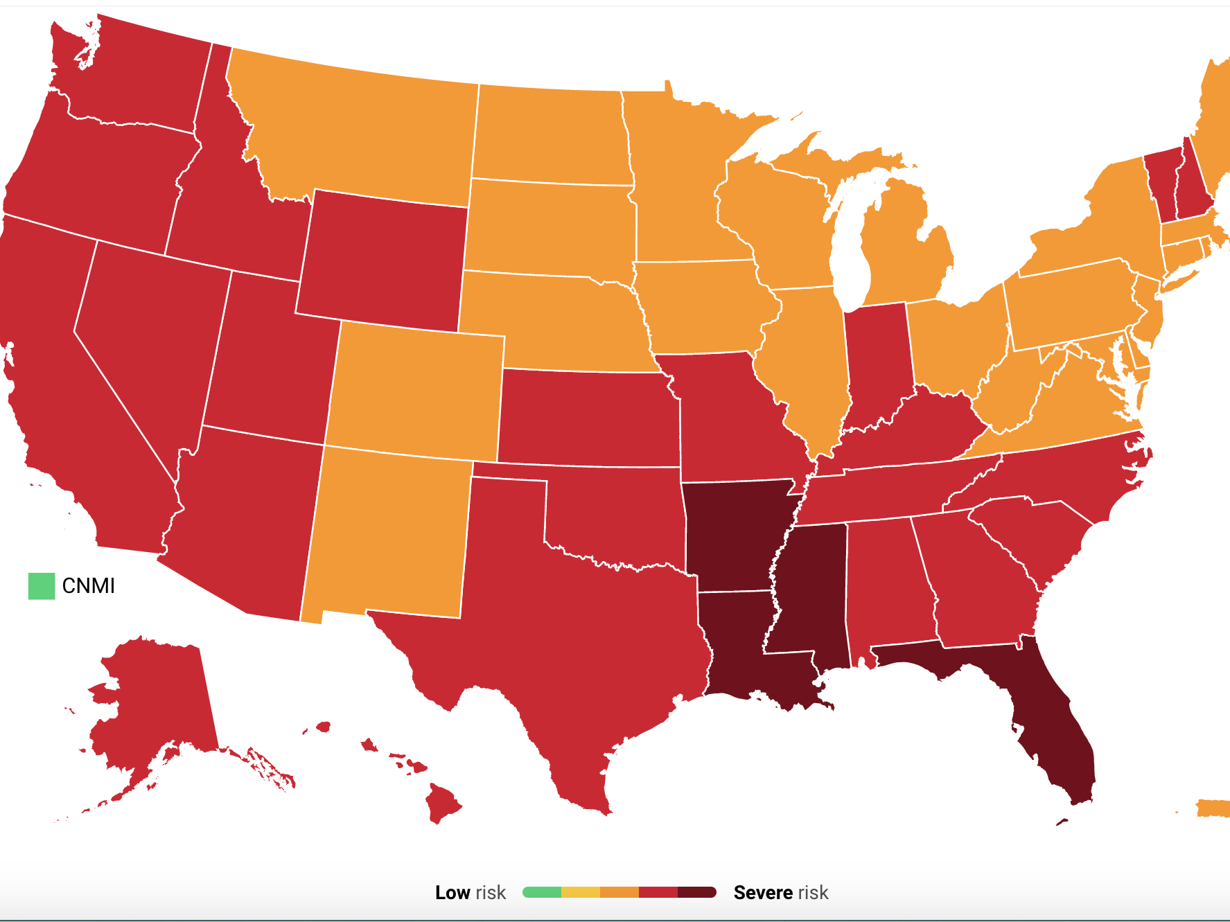 Risk level according to US state by Covid Act Now