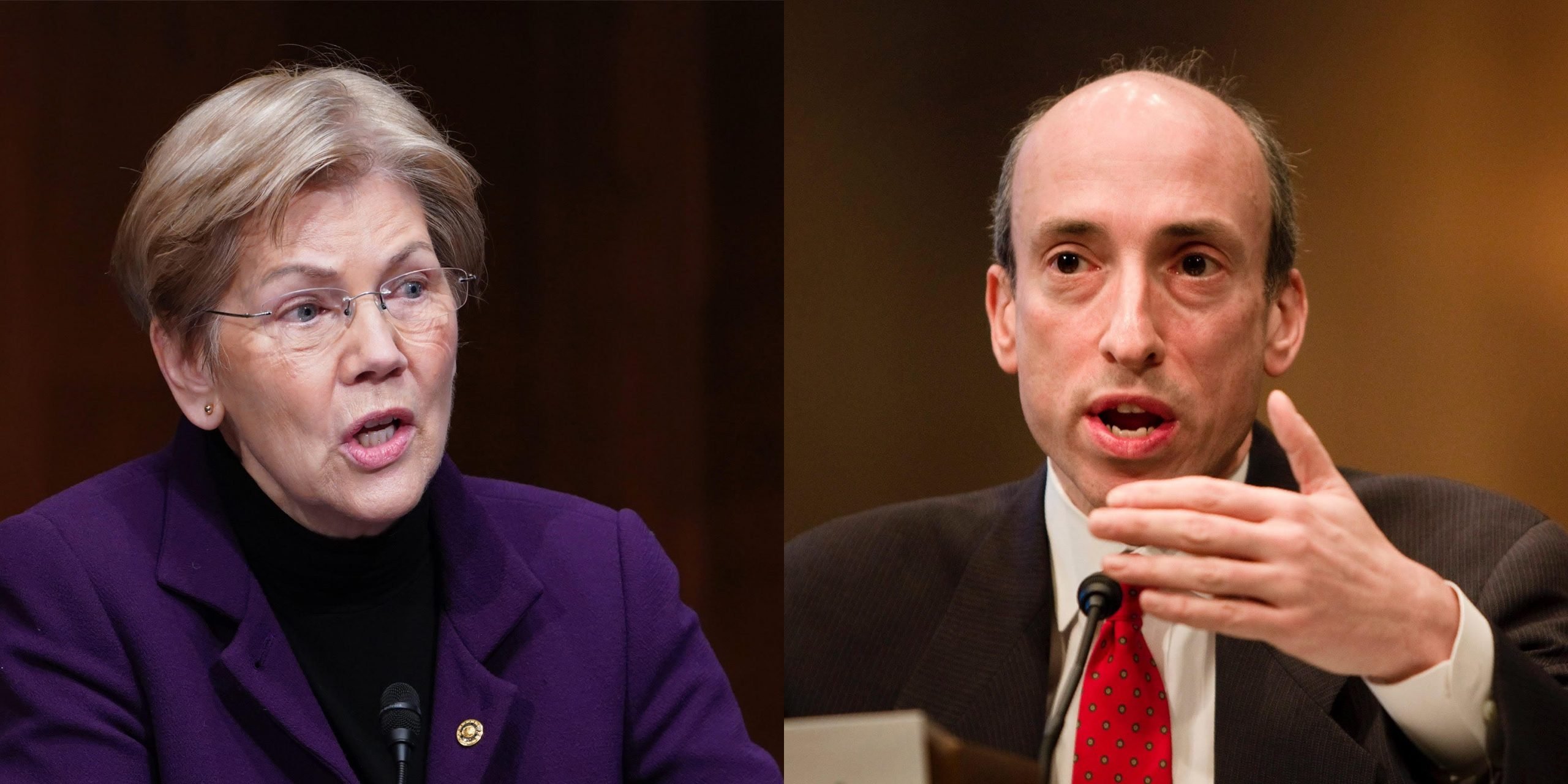 Gary Gensler on Capitol Hill November 18, 2009 in Washington, DC, and U.S. Sen. Elizabeth Warren (D-MA) on Capitol Hill on February 3, 2021 in Washington, DC.