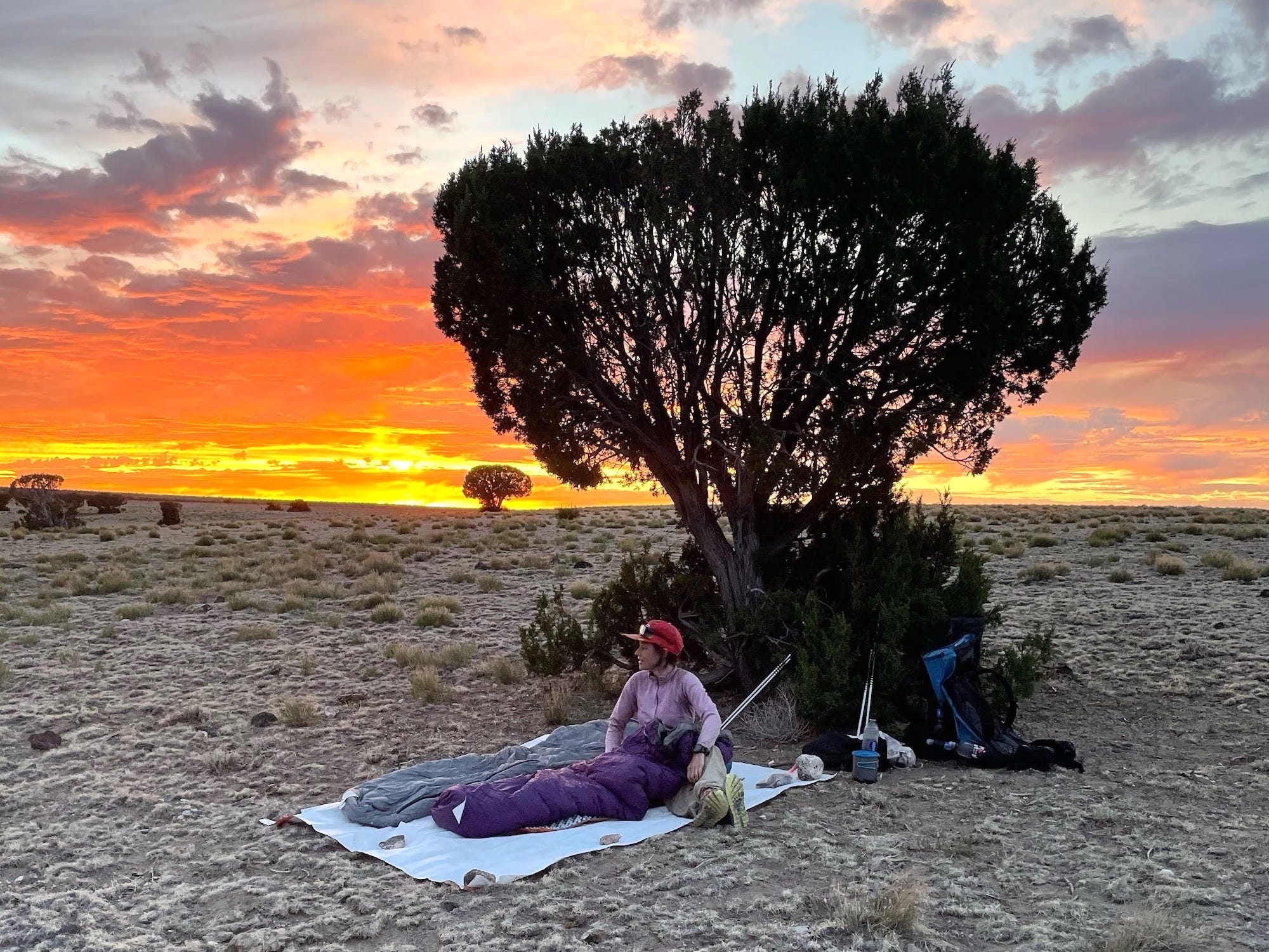 A woman sits in a sleeping bag next to a tree with the sunset behind her.