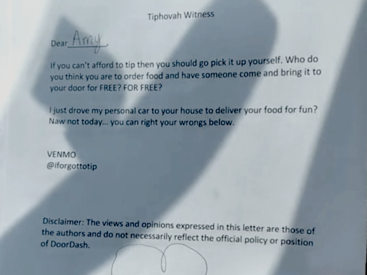 An image of the letter Esmond Fountain left a customer.