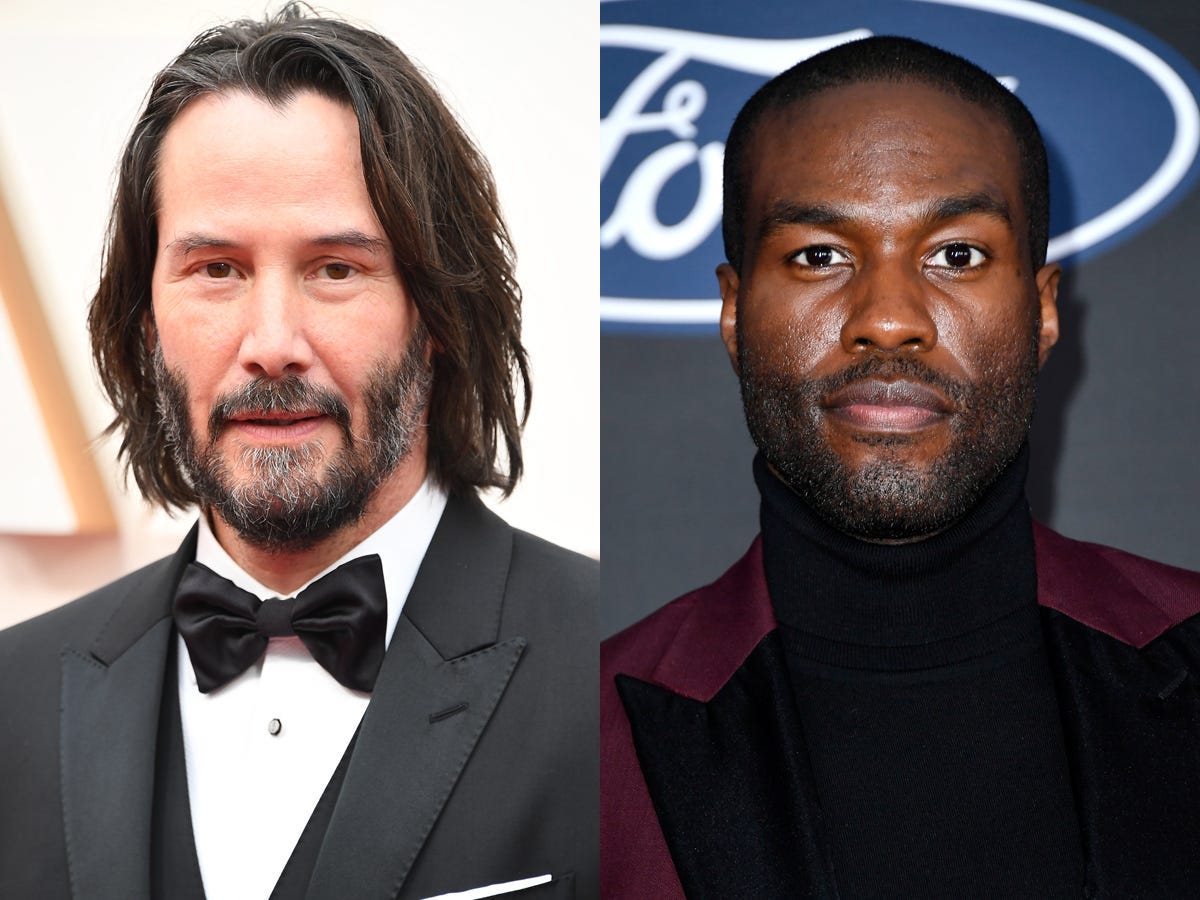A side by side image of Keanu Reeves in a tuxedo and Yahya Abdul-Matteen II in a maroon suit.