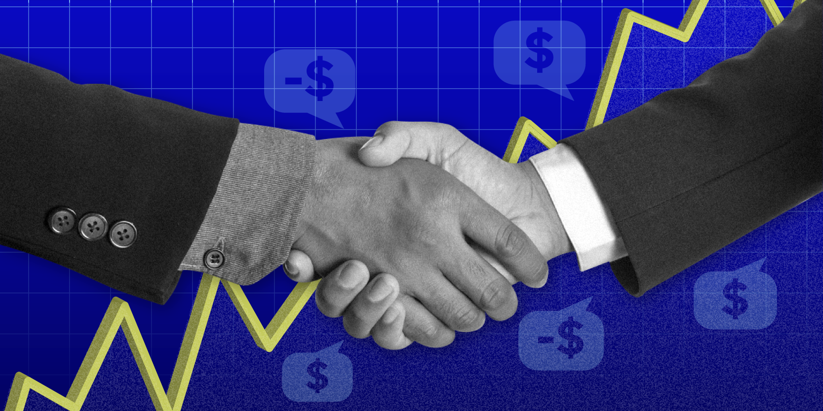 Shaking hands trading stocks on blue background with yellow stock line 2x1