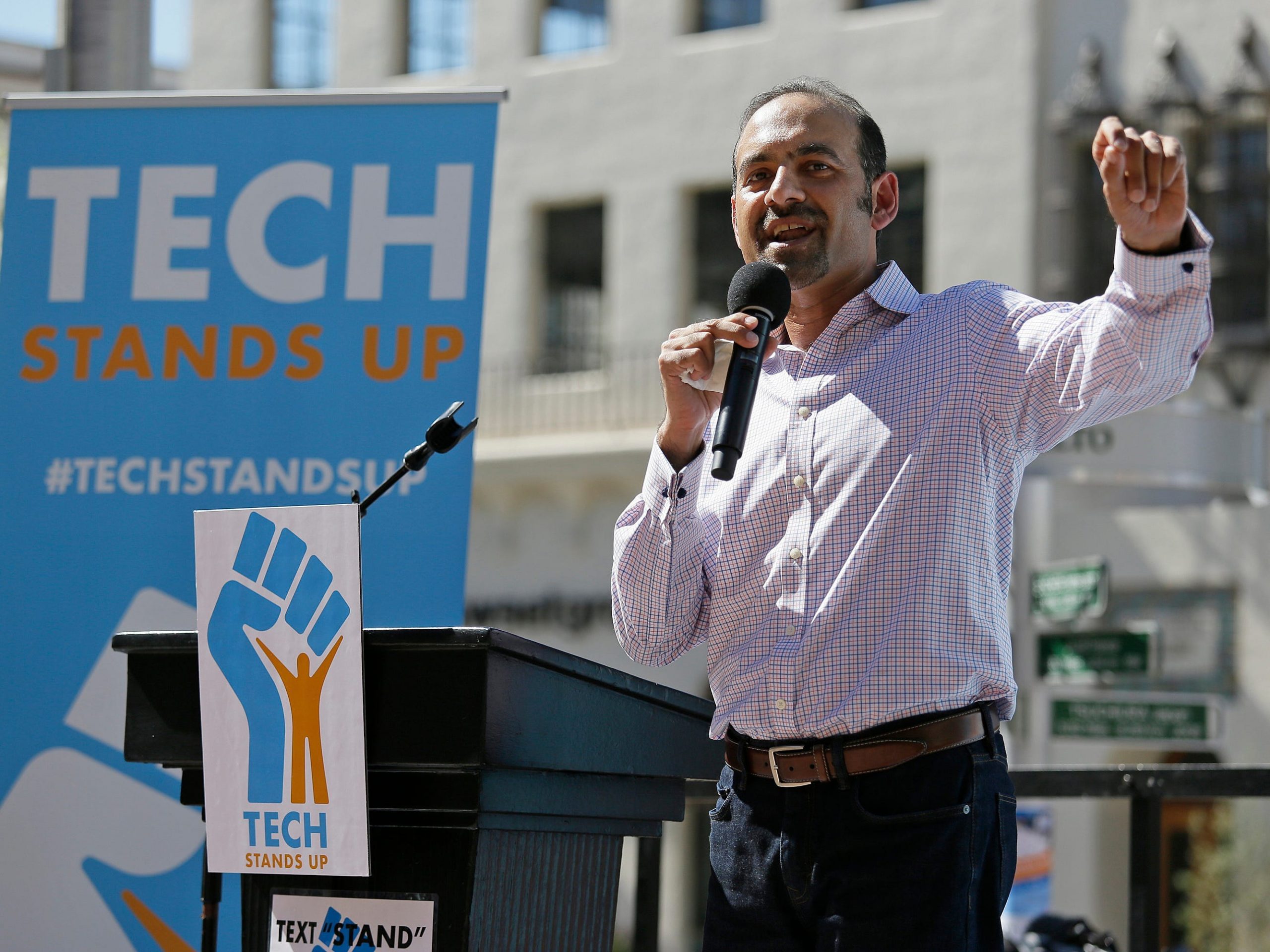 Dilawar Syed speaks during a rally on March 14, 2017 in Palo Alto, CA.