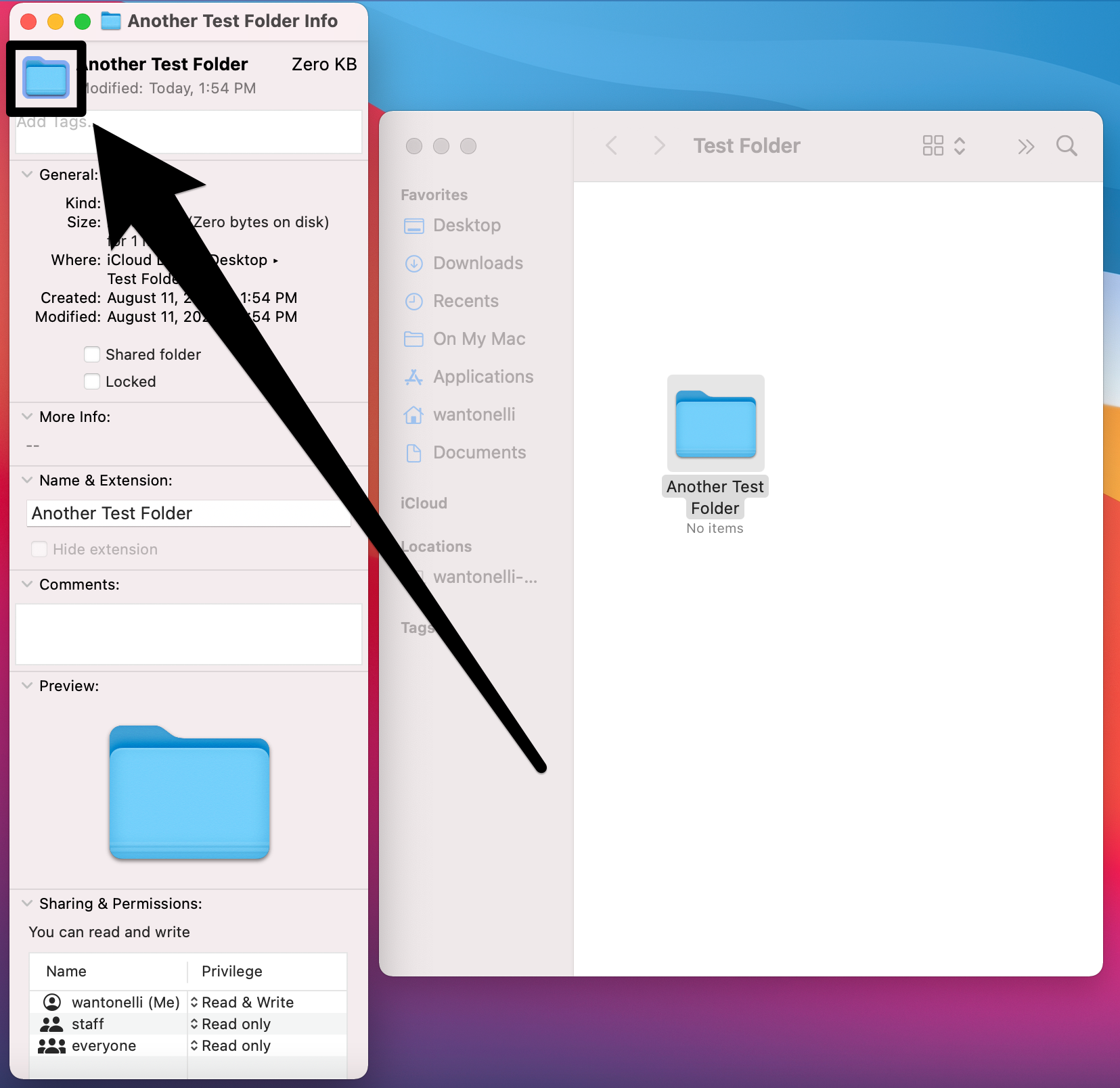 The "Get Info" page for a folder on a Mac. The folder's current icon is highlighted.